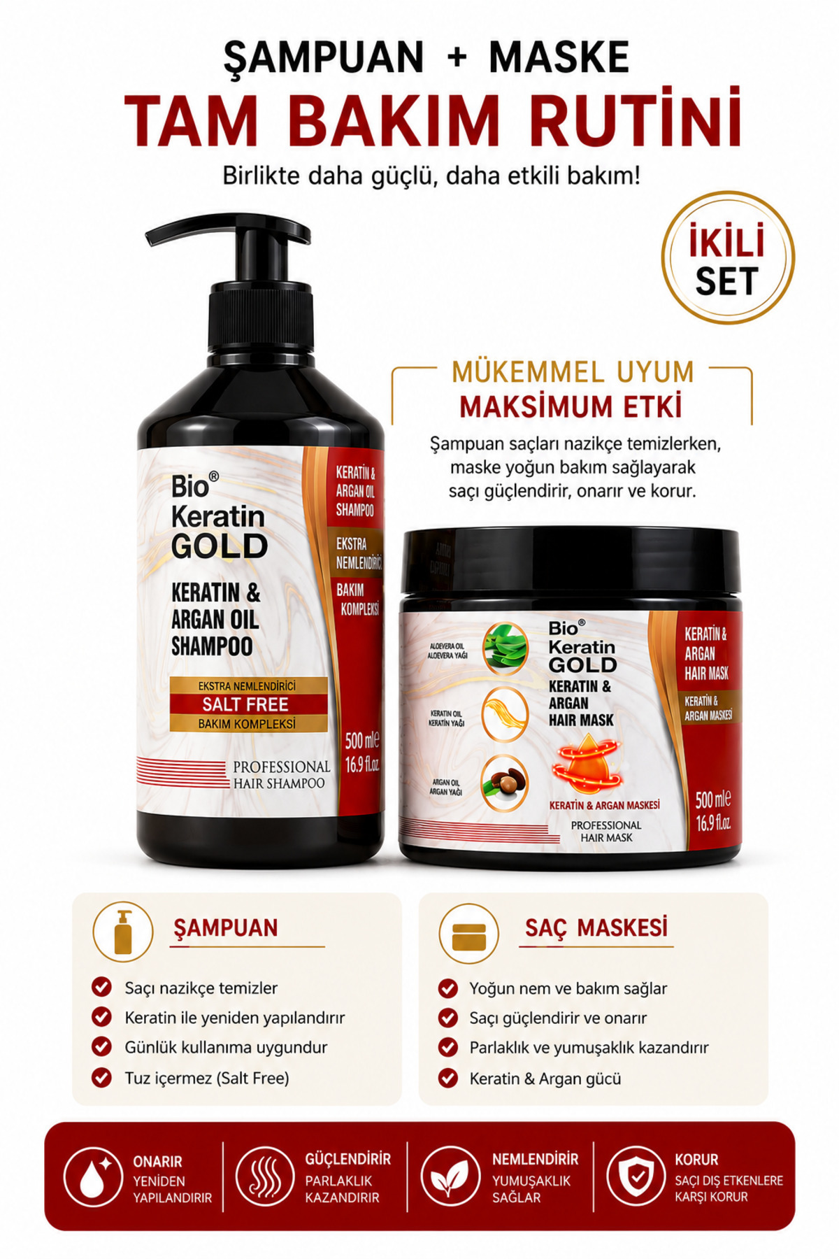 Argan&keratin Tuzsuz Şampuan 500 Ml + Argan&keratin Saç Bakım Maskesi 500 Ml — A506 — تصویر 4 از 6