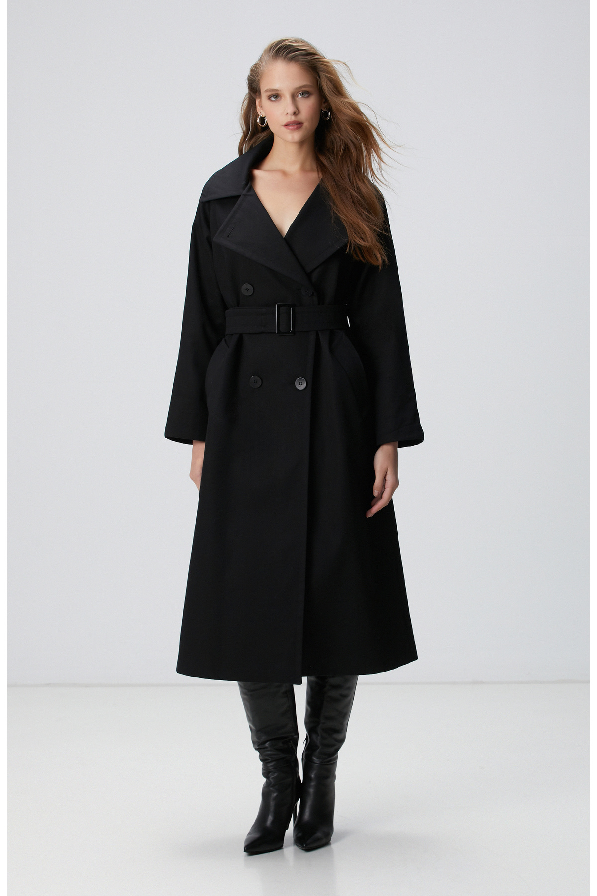 Network Siyah Kruvaze Trench Coat görsel 4