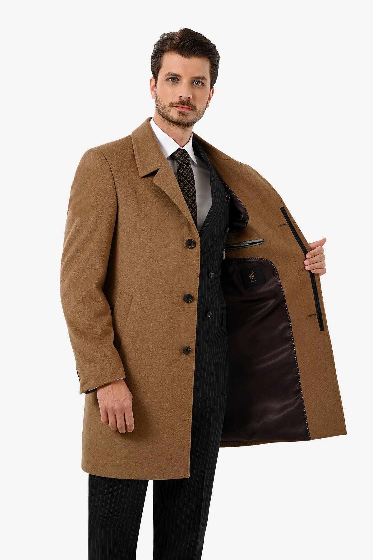 Ysf Erkek Camel Regular Fit Mono Yaka Kaşmir Palto görsel 5
