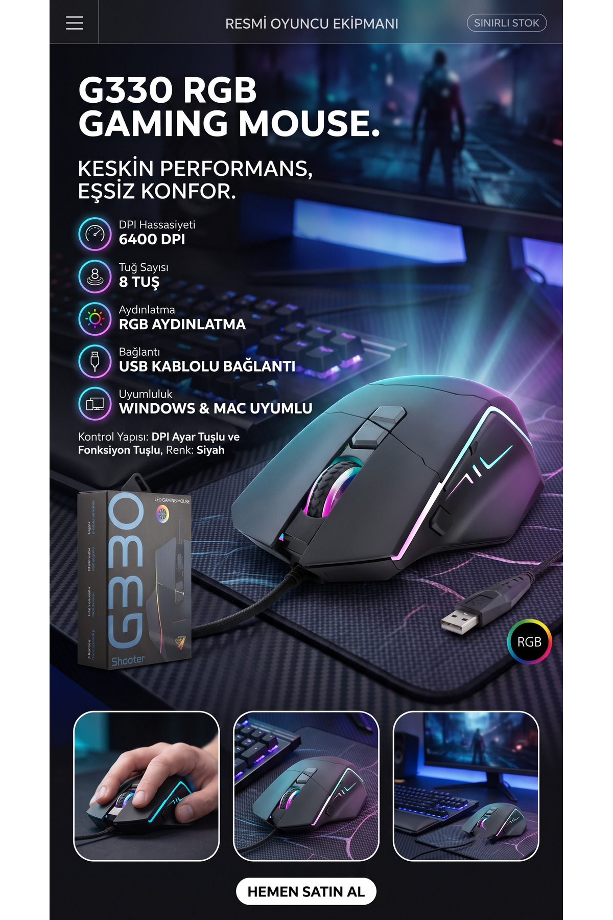 RGB Işıklı Gaming Oyuncu Mouse 6400 DPI 8 Tuşlu Kablolu Ergonomik Optik Fare - Siyah