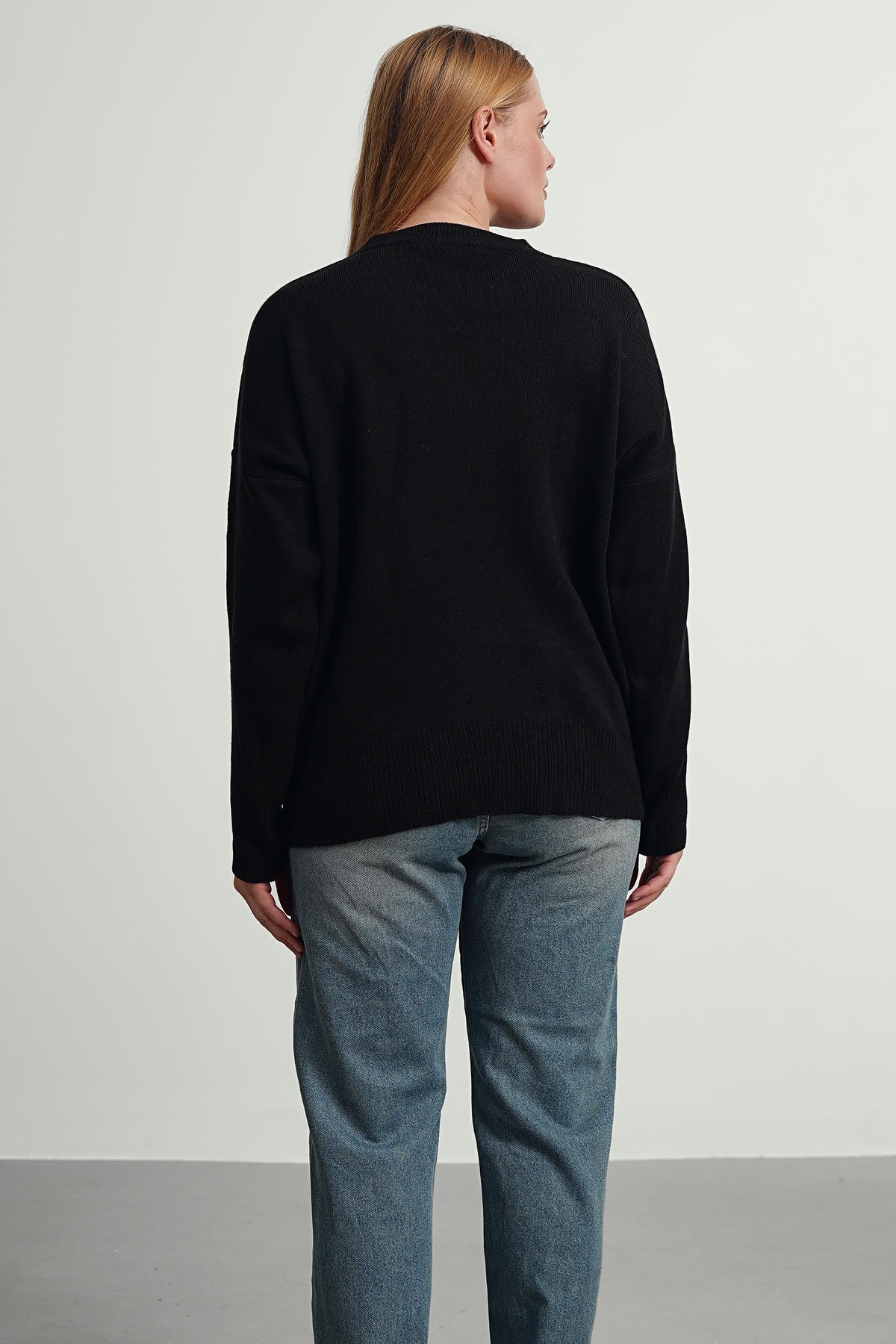 Gülce moda Siyah Bisiklet Yaka Oversize Triko Kazak görsel 3