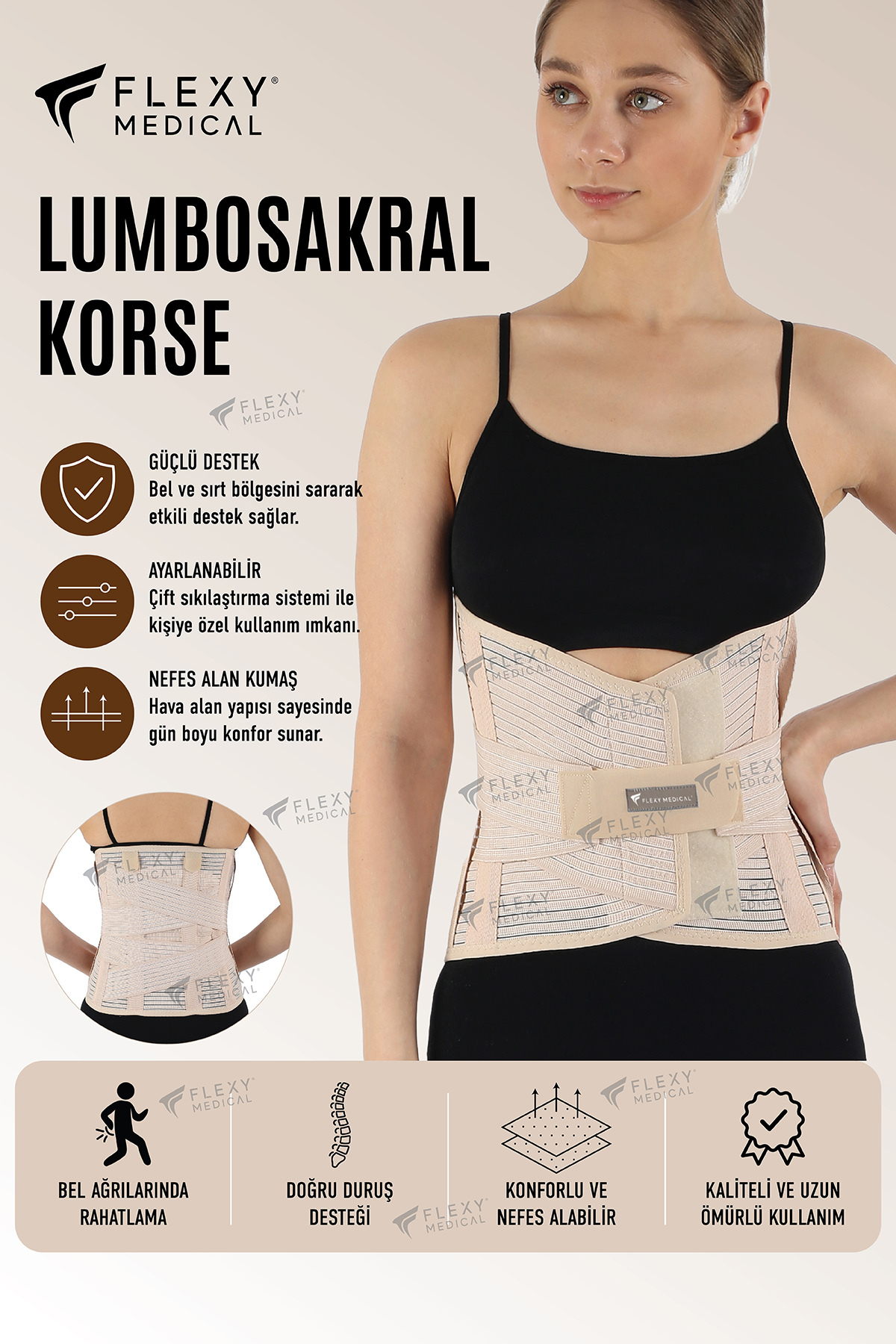 Flexy Medical Çelik Balenli Lumbosakral Korse (32CM)- Bel Ağrısı Fıtık Rahatlatır Bel Fıtığı Lomber Disk Herni görsel 5