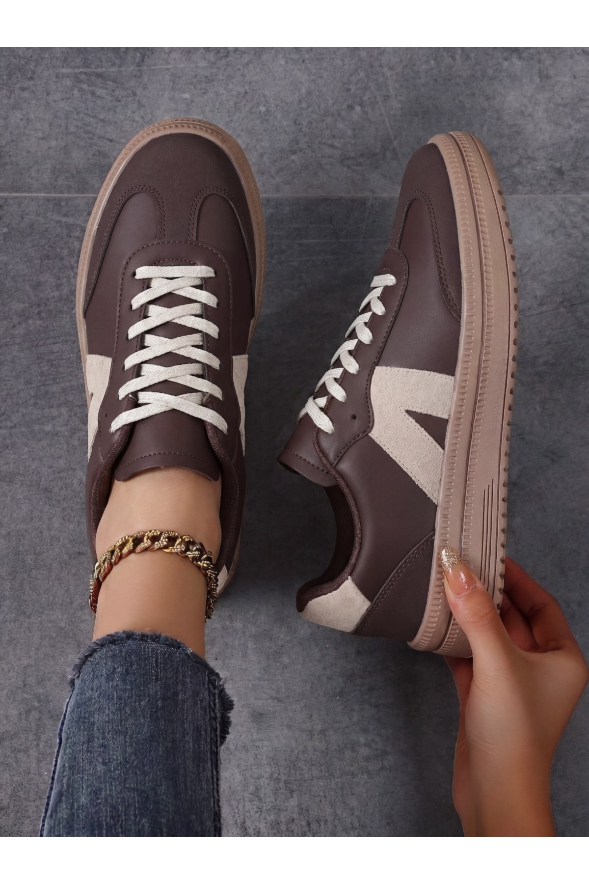 E SPORT Kadın Sneaker Yüksek Taban Ortopedik Bağcıklı Spor Ayakkabı Retro Kahve-011