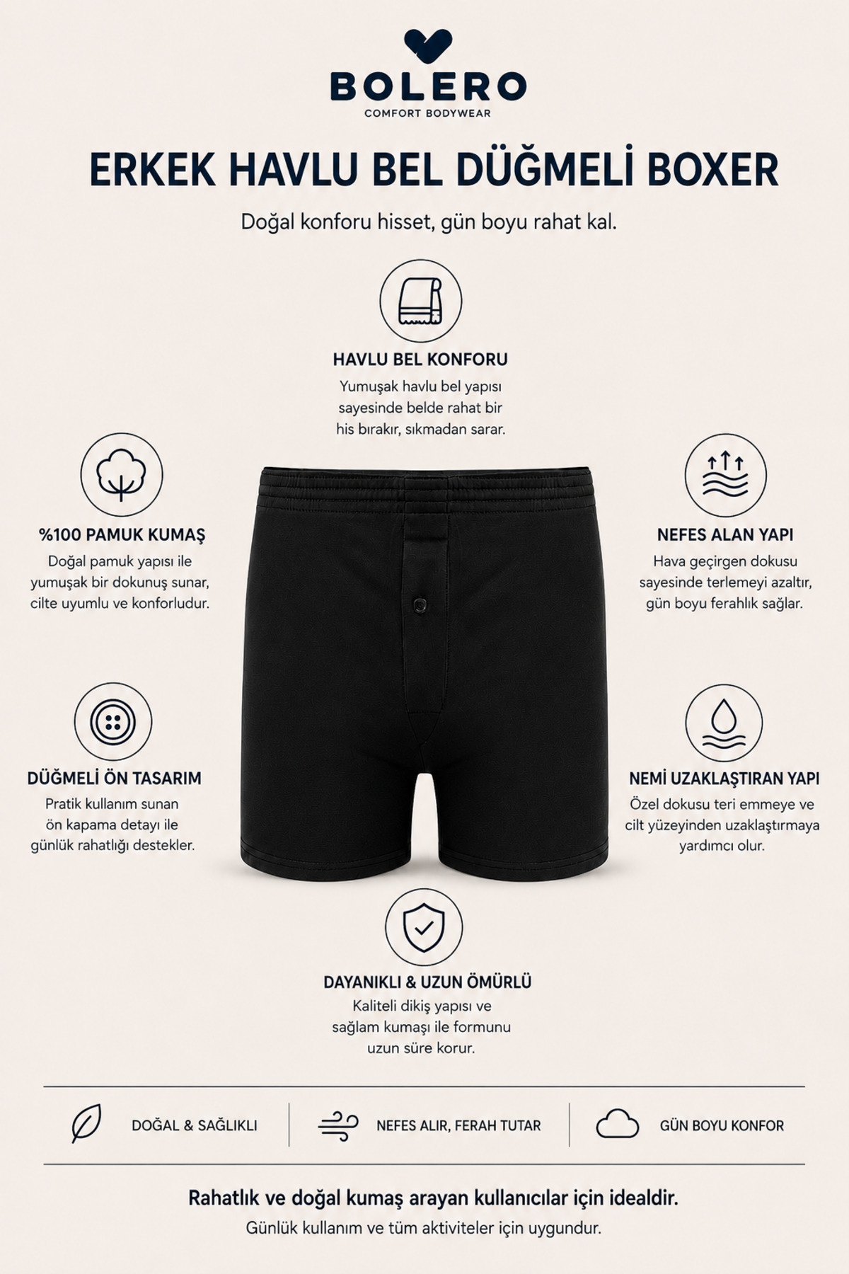 Bolero Erkek Havlu Bel Düğmeli Boxer Siyah görsel 2