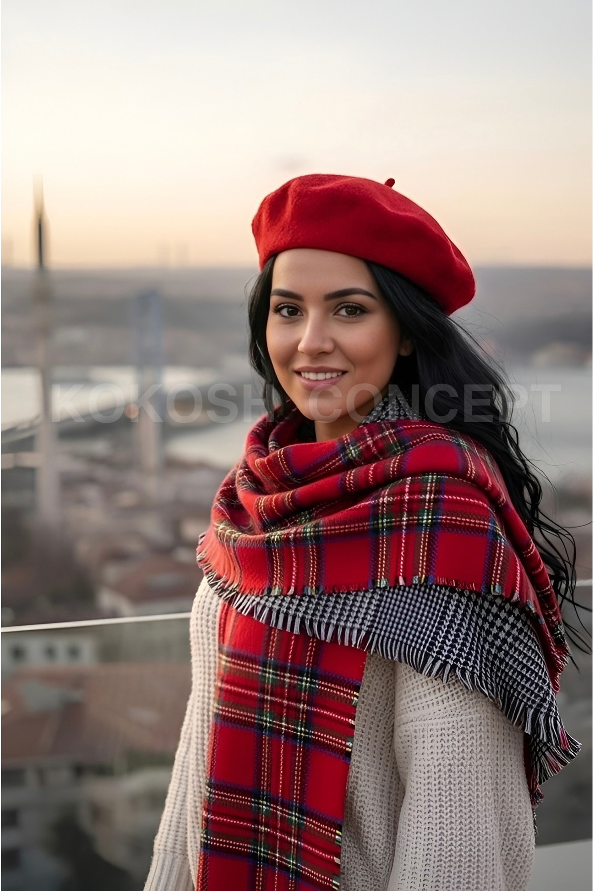 la_hatun Ekose Luxury Çift Taraflı Omuz Şalı İle Fransız Ressam Şapka Takımı görsel 4