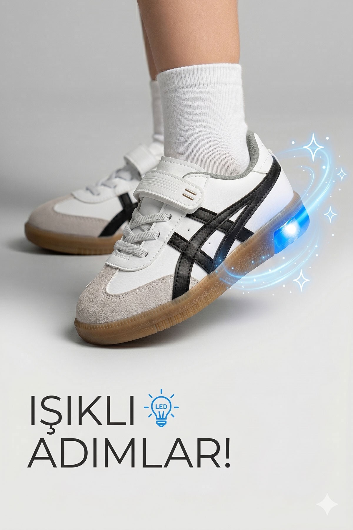 Çocuk Unisex Bağcıklı Günlük Spor Ayakkabı Beyaz-Siyah Işıklı Sneaker Ayakkabı