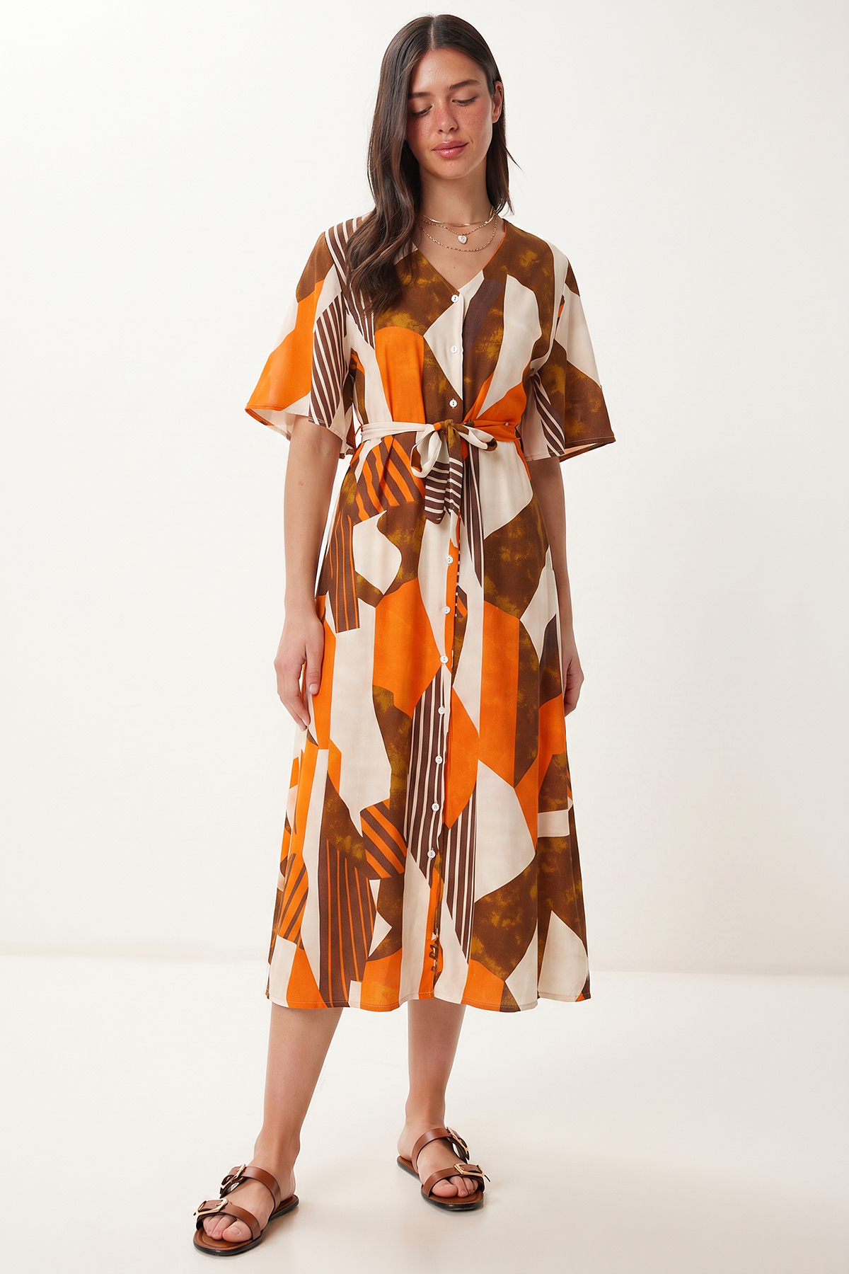 Patterned Belted Viscose Shirt Dress LRN0046 ORANGE TAN