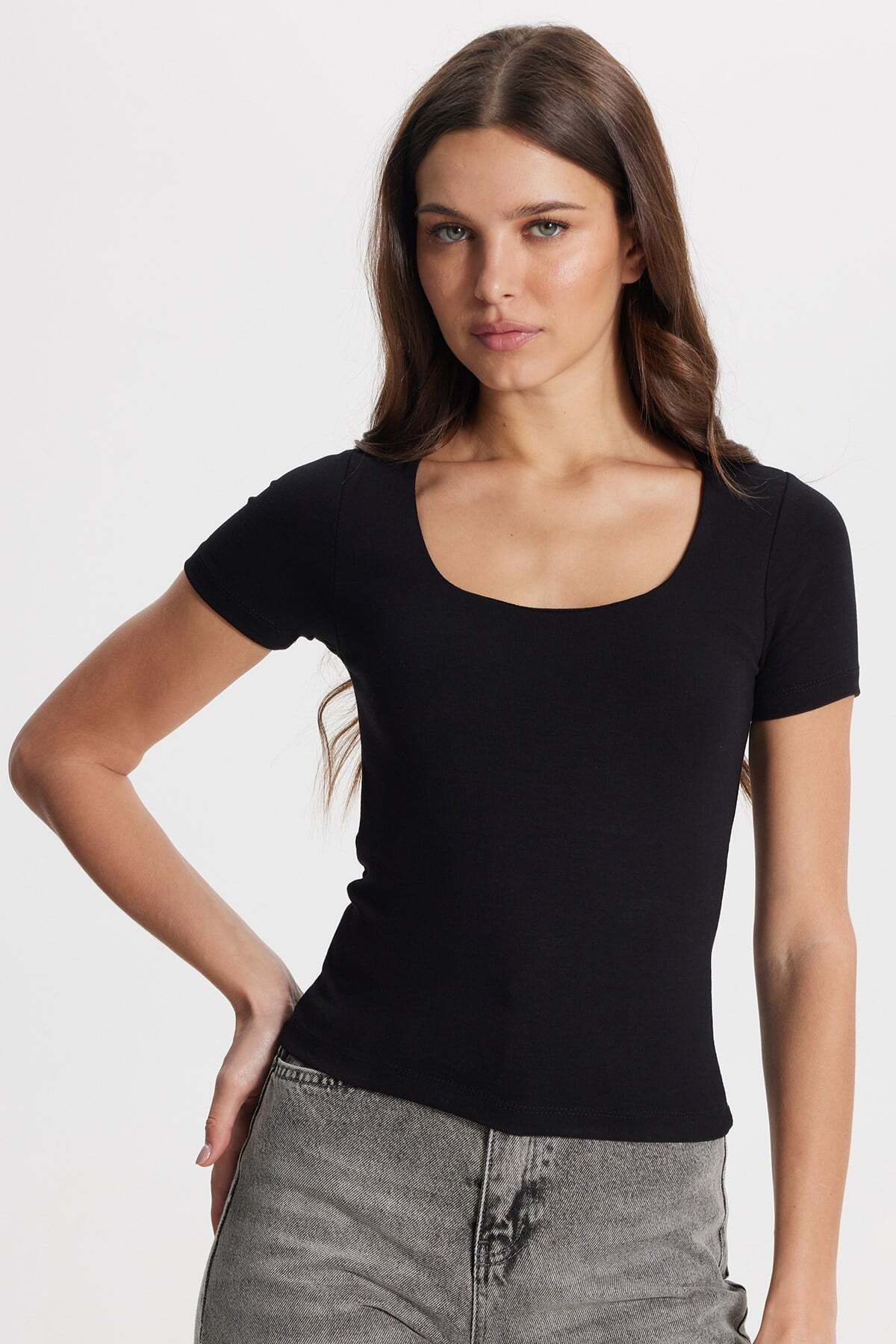 Women's Slim Fit Slim Fit Modal Fabric Cotton Soft Textured Square Neck Short Sleeve Black T-Shirt Blouse