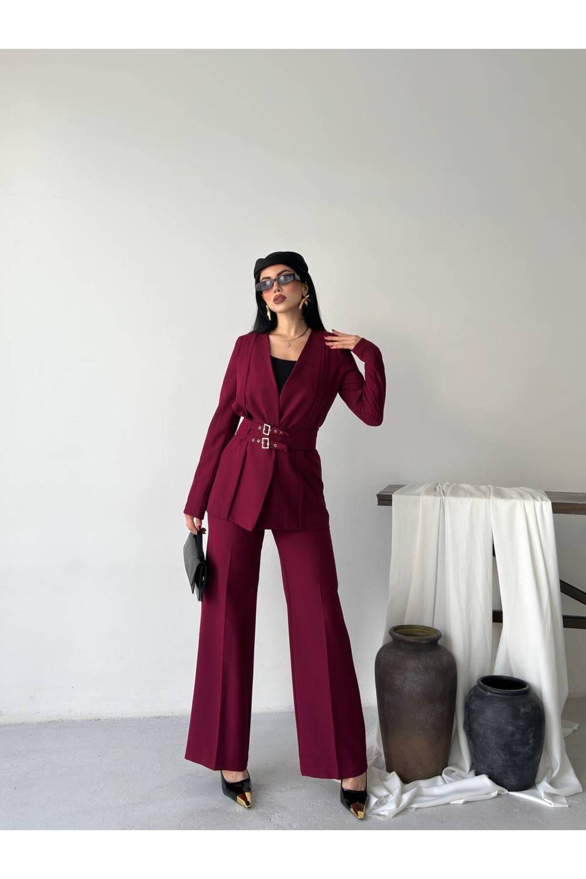 Ensemble deux pièces blazer et pantalon à ceinture Premium Fit - Görsel 5
