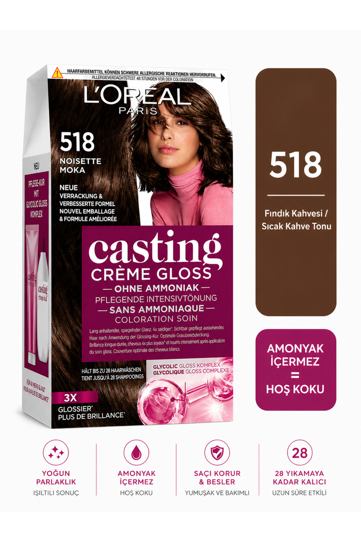 L'Oreal Paris Casting Crème Gloss Saç Boyası - 518 (Fındık Kahvesi / Sıcak Kahve Tonu ) — قهوه‌ای 3600524005948