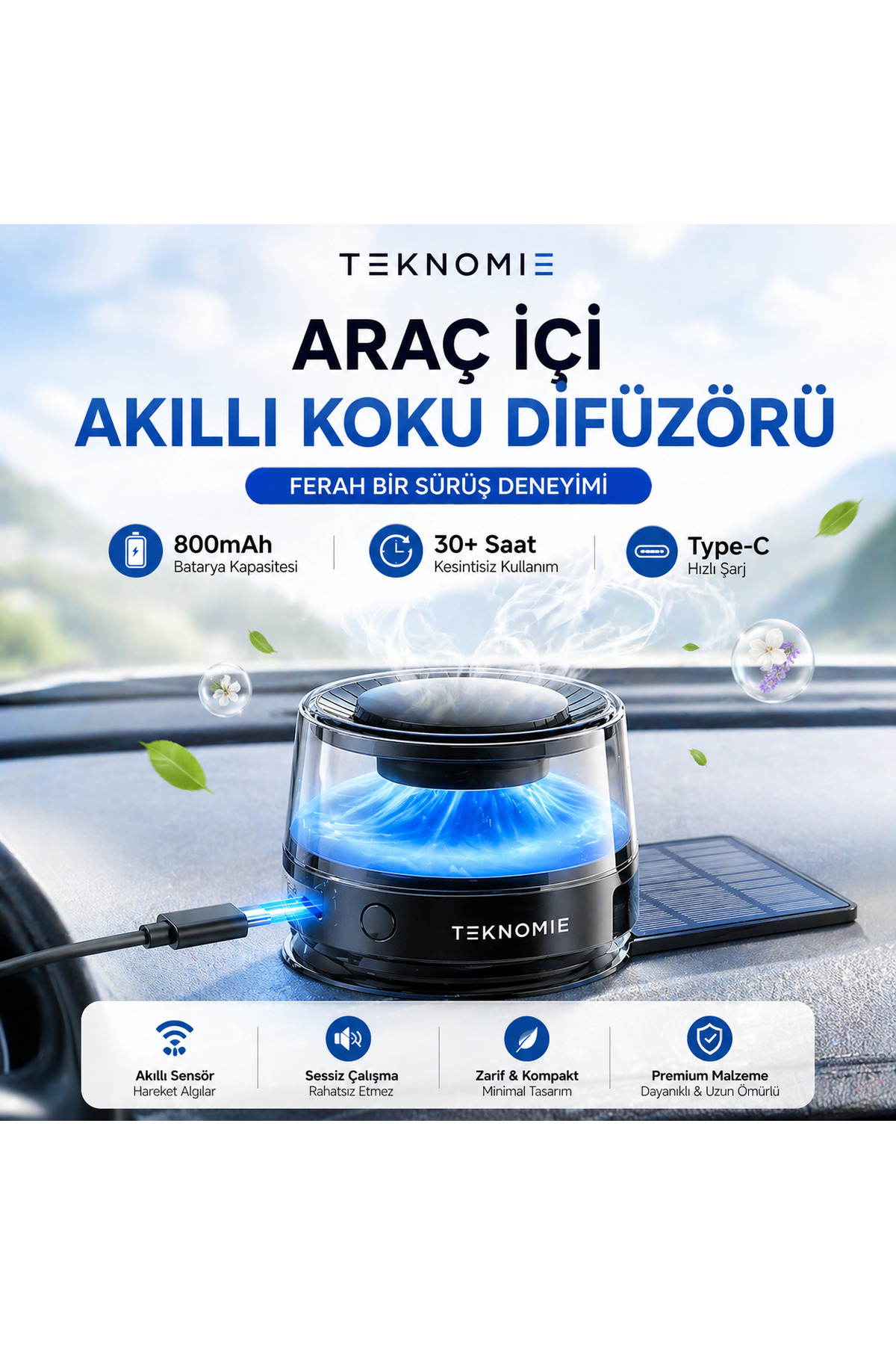 TARÇIN Teknomie Araç İçi Akıllı Koku Difüzörü – USB Type-C Şarjlı, 30+ Saat Kullanım, Otomatik Sensörlü, Premium Oto Parfüm