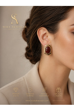 seraaksesuar Gold Detaylı Bordo Oval Küpe