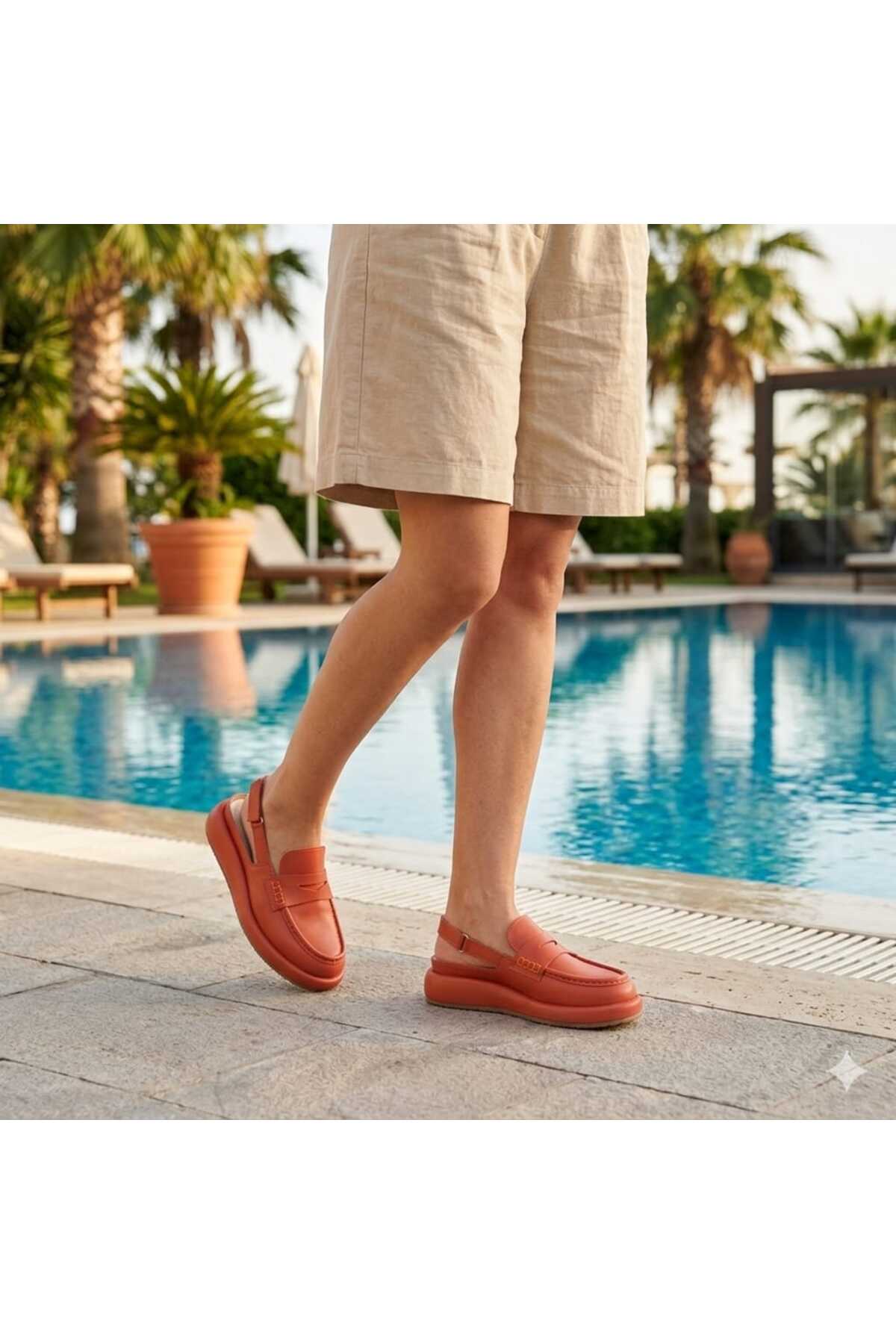 Oneka Shoes Kadın Günlük Sabo Sandal Loafer kuşak Turuncu napa