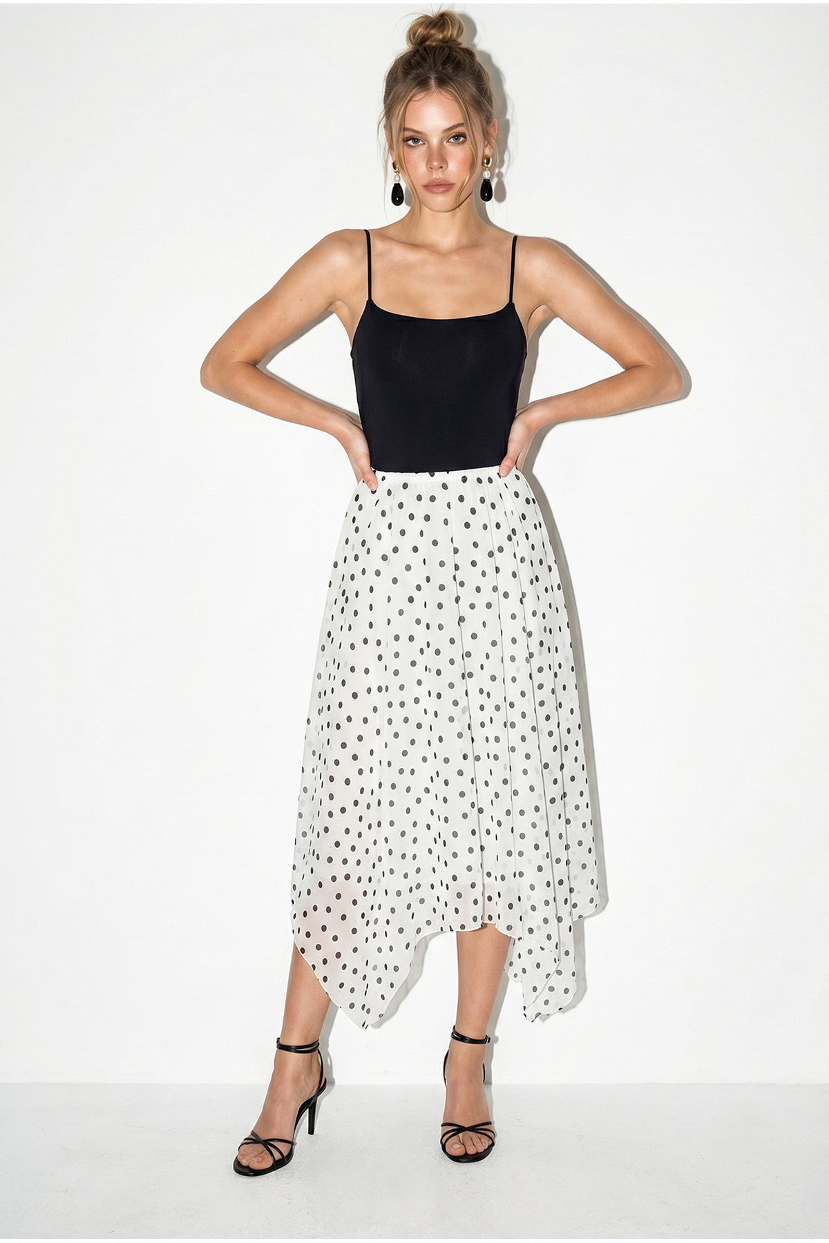 Women's Elastic Waist Asymmetrical Cut Lined Polka Dot Midi Skirt 60286217