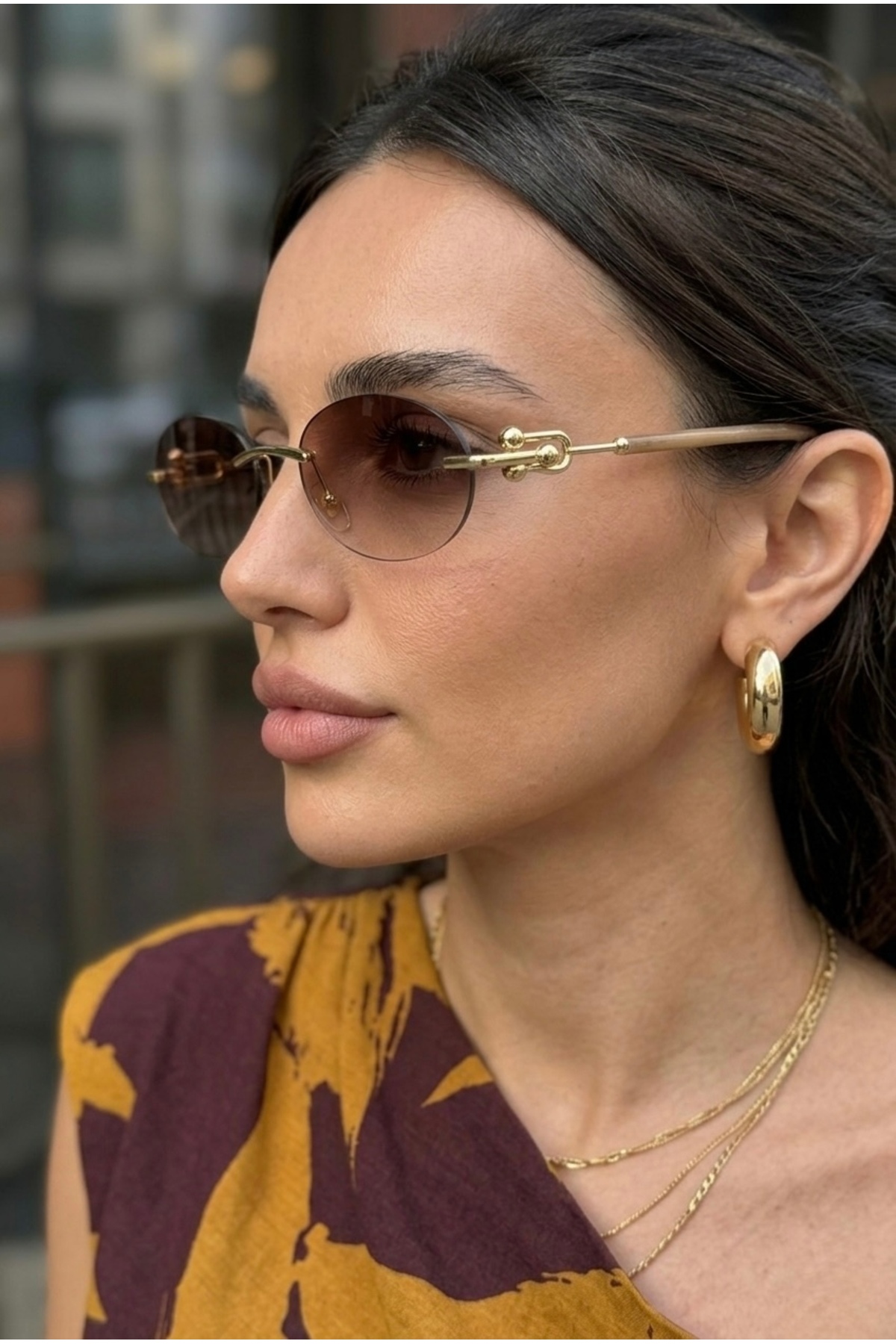 Chunky Frame Cartiess Unisex Elips Kahverengi Gold Çerçeveli Ultra Hafif Uv400 Filtreli Güneş Gözlüğü görsel 2