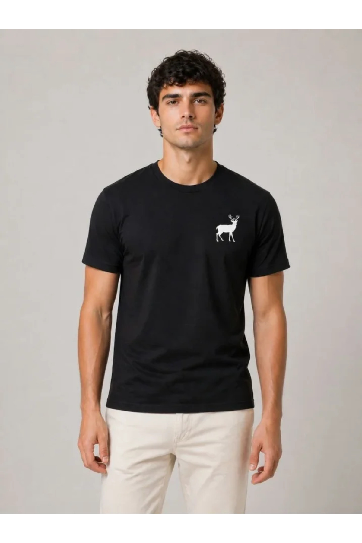 Erkek Minimal Geyik Logolu Tişört Bisiklet Yaka Kısa Kol Yazlık T-Shirt - Siyah