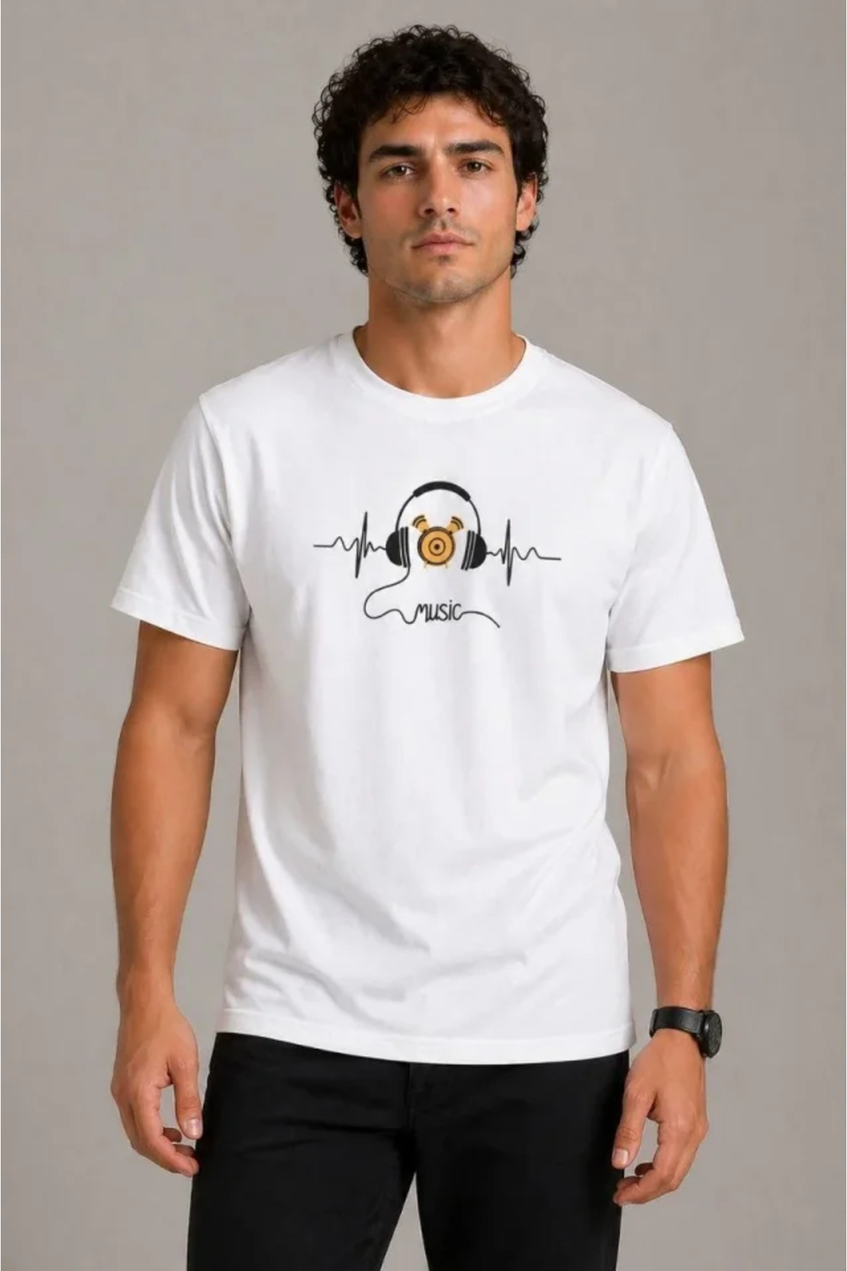 Erkek Müzik Temalı Baskılı Tişört Bisiklet Yaka Kısa Kol T-Shirt - Beyaz alternatif görünüm