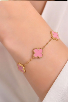 Nazellaa 316L Çelik Zincir Gold Pembe Renk Yonca Kadın Bileklik