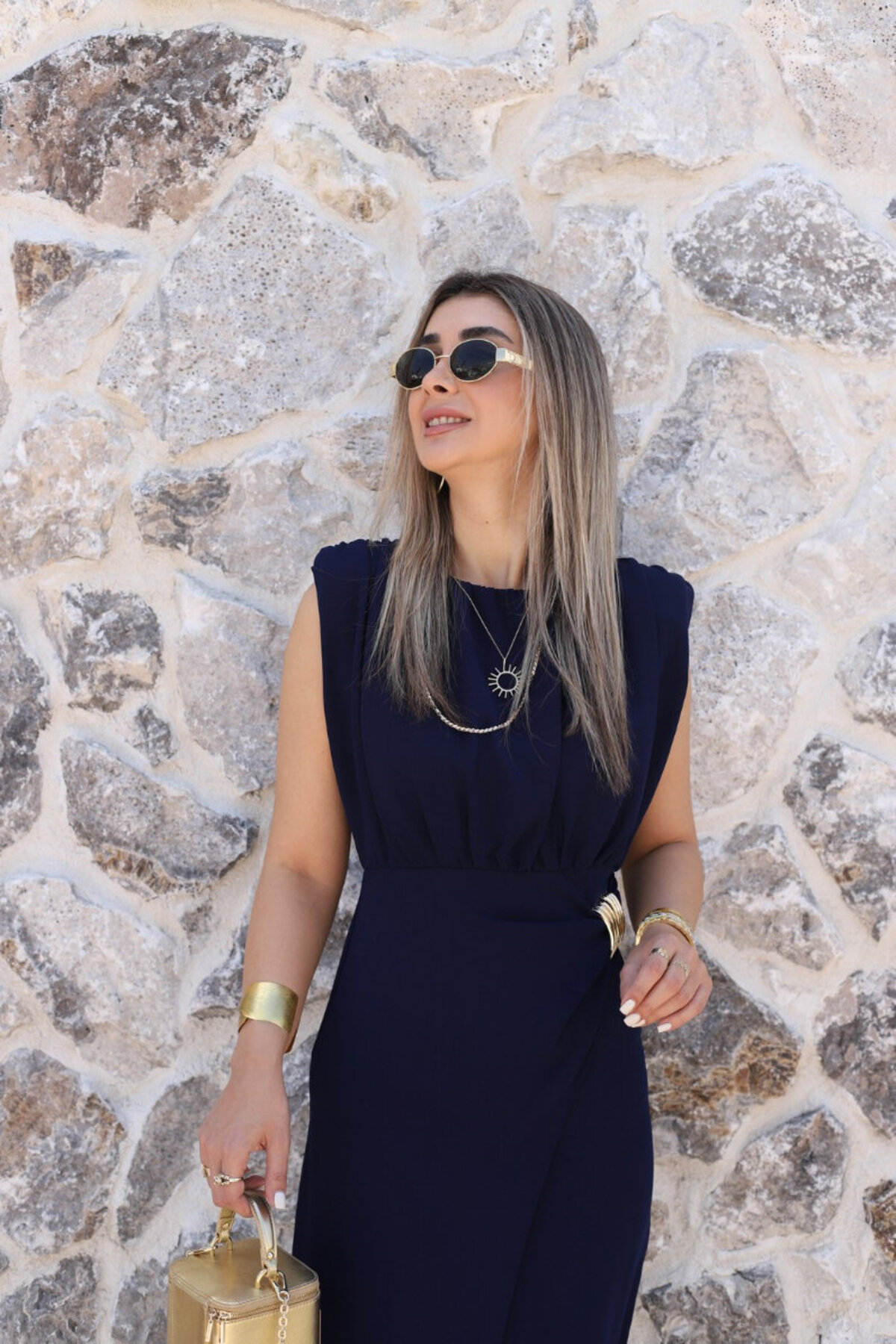 bytugcekaya Lacivert Sıfır Kol Çift Tokalı Elbise görsel 2