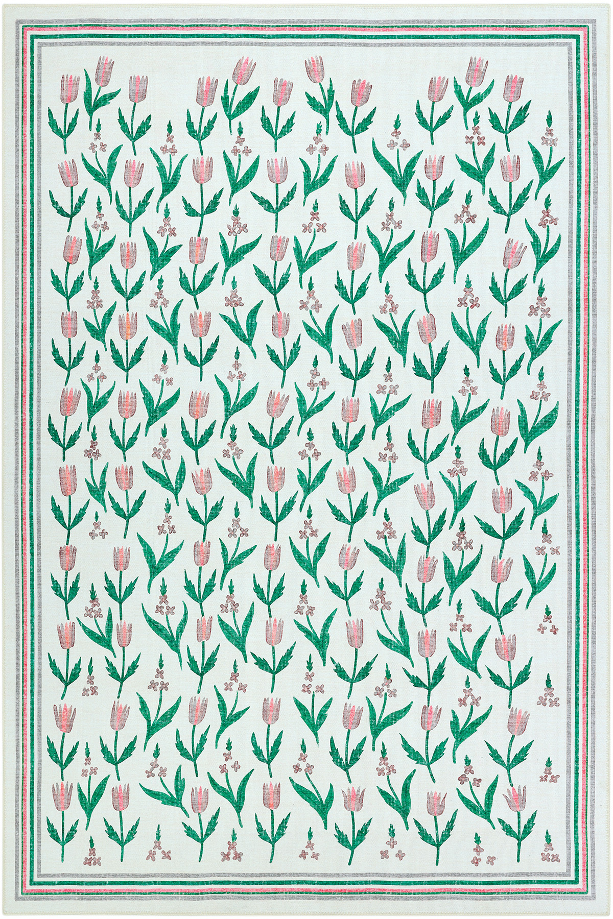 Coloris Grass Green Pink Minimal Floral Machine Washable Entrance Balcony Kitchen Young Room Rug