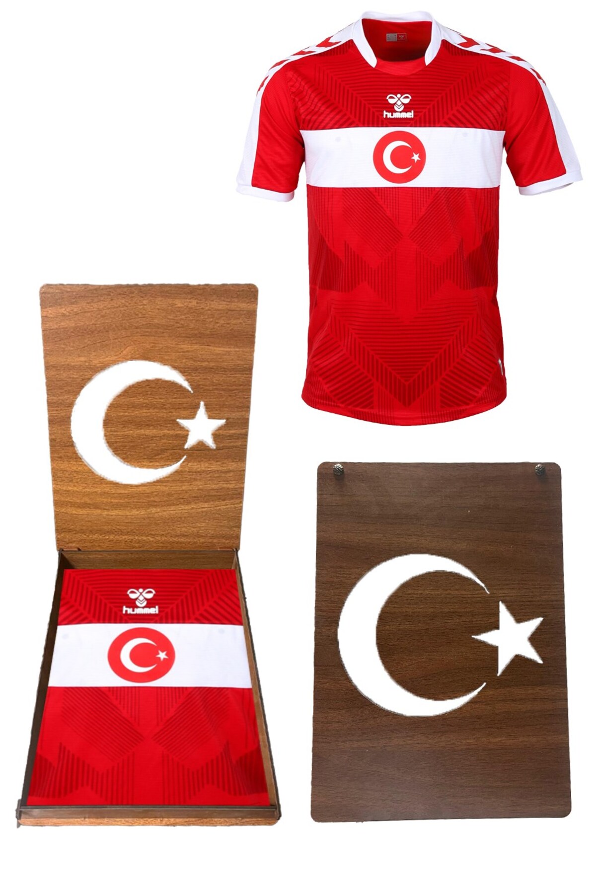 پیراهن قرمز اصلی تیم ملی ترکیه در یک جعبه چوبی یادگاری هامل لباس فوتبال hummel