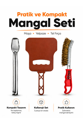 Kampavm 3 Parça Mangal Seti Maşa Yelpaze Tel Fırça Barbekü Seti