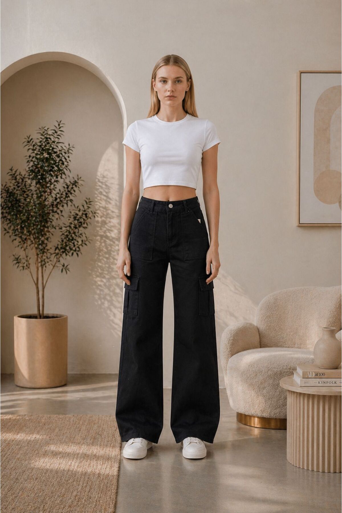 Rosita Kadın Yüksek Bel Full Likralı Kargo Cep Wide Leg Jean