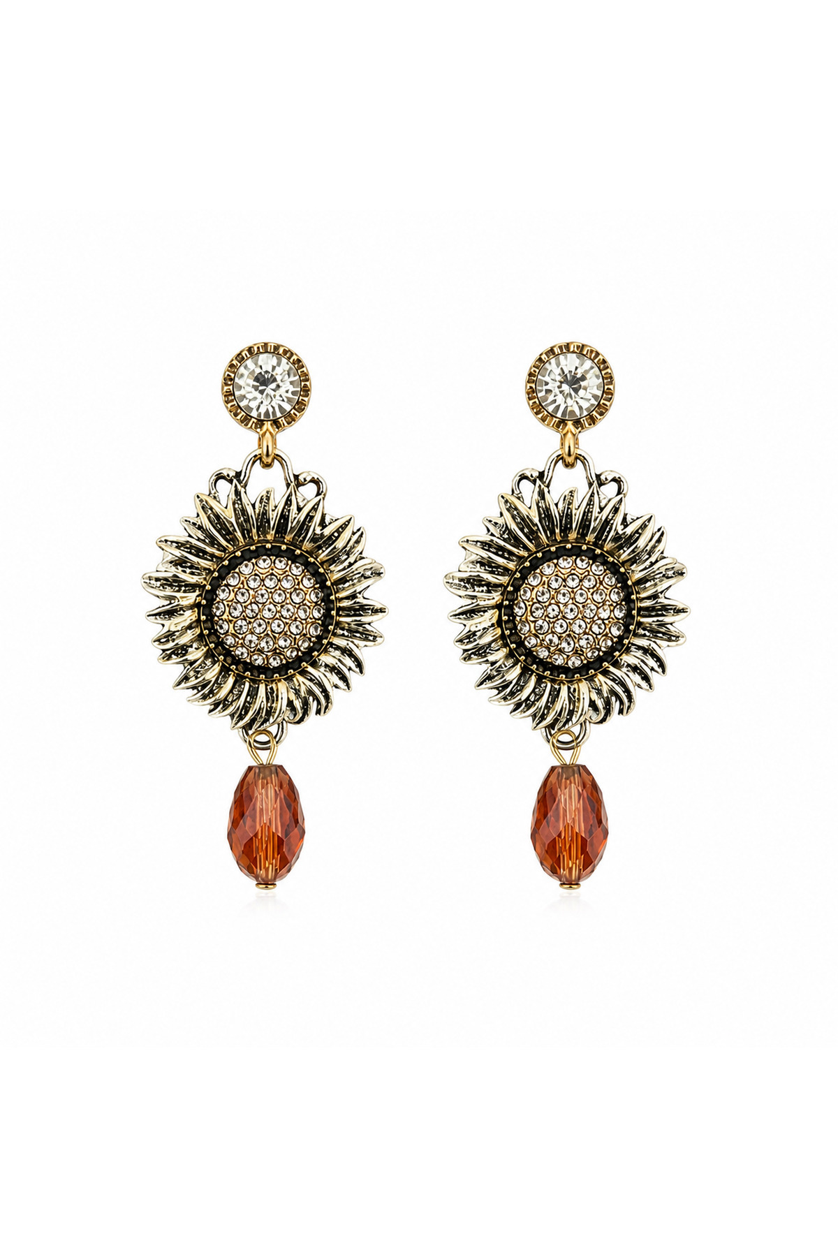 Kadın Gold Taşlı Çiçek Küpe – Vintage Stil Damla Detaylı Büyük Küpe