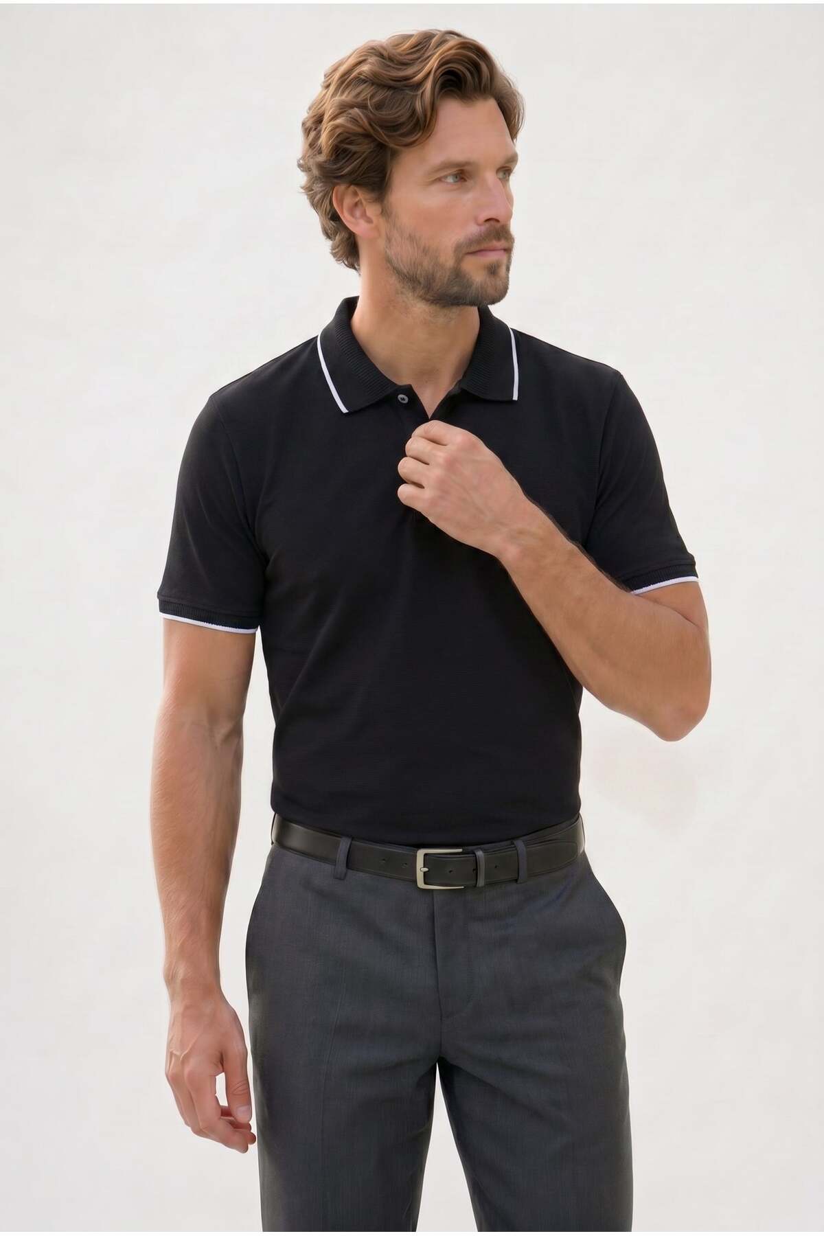 Men's Regular Fit Classic Cut 100% Cotton Short Sleeve Striped Detail Black Polo Neck T-Shirt