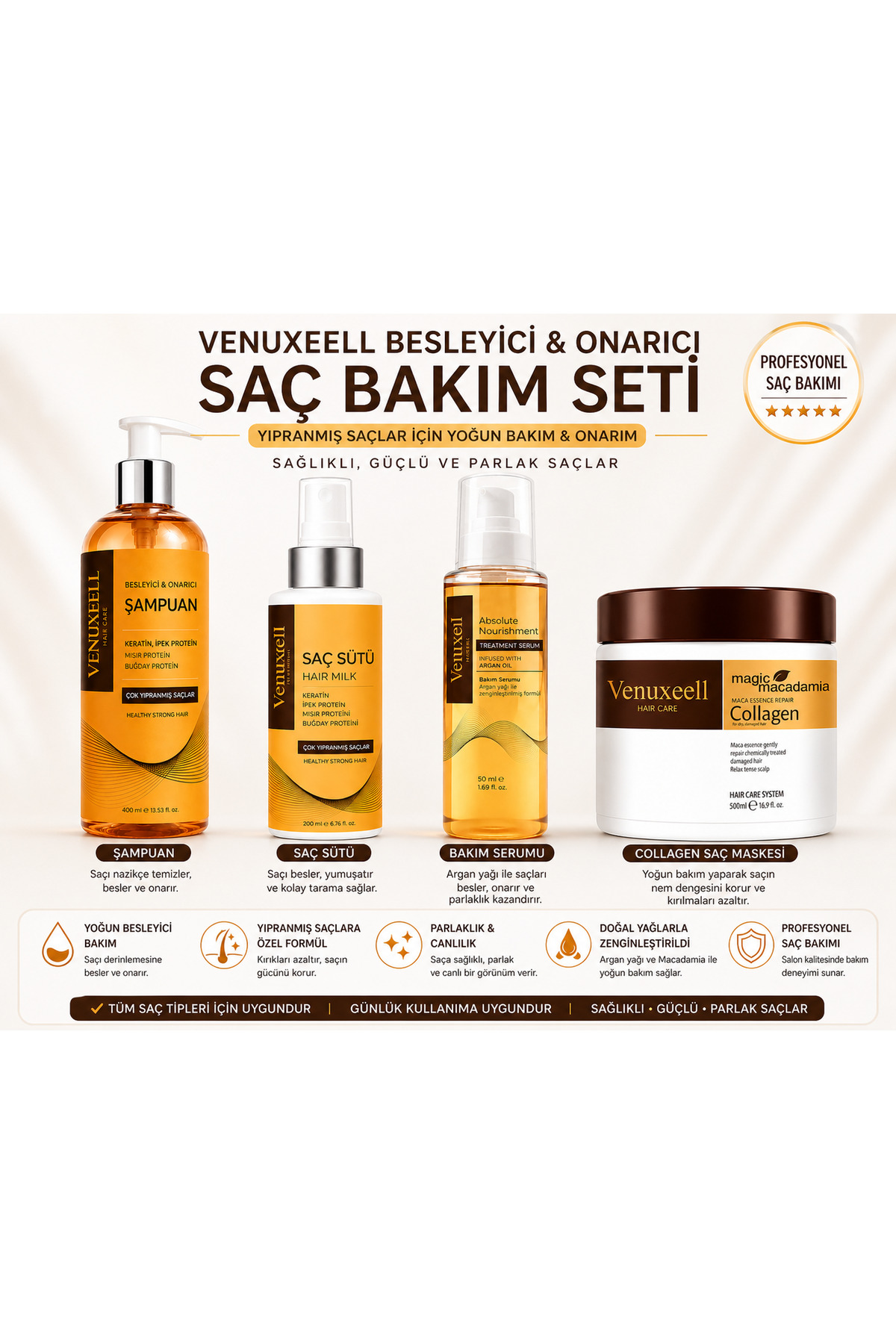 Venuxeell Profesyonel Saç Bakım Seti 4’lü | Keratinli Şampuan, Saç Sütü, Bakım Serumu ve Collagen Maske — 4lüset