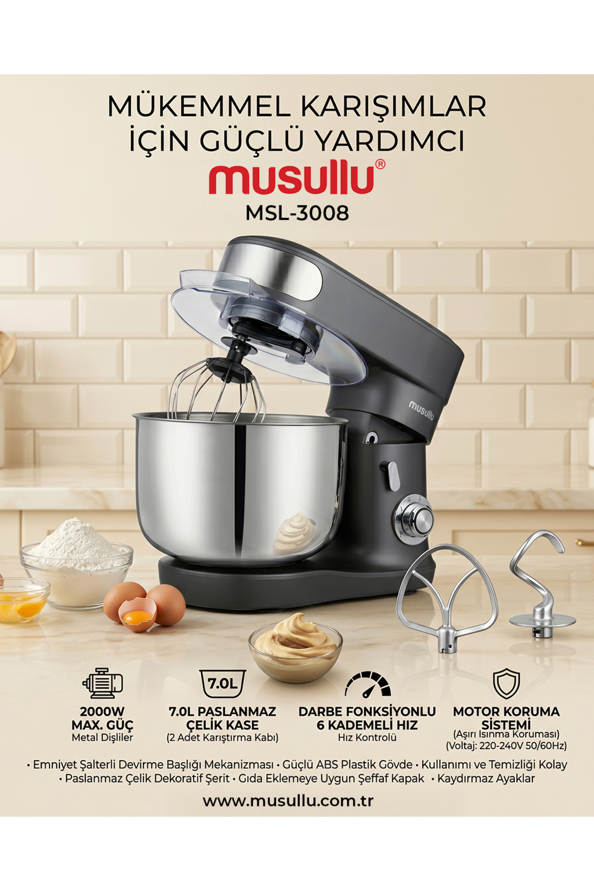 Musullu MSL-3008 Stand Mikser Mutfak Şefi - 7 L Paslanmaz Çelik