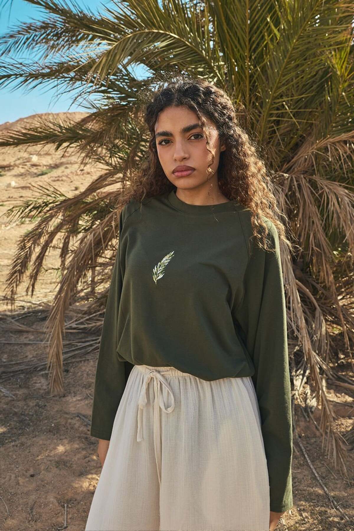 Khaki Leaf Embroidered Single Jersey Reglan Sleeve Body