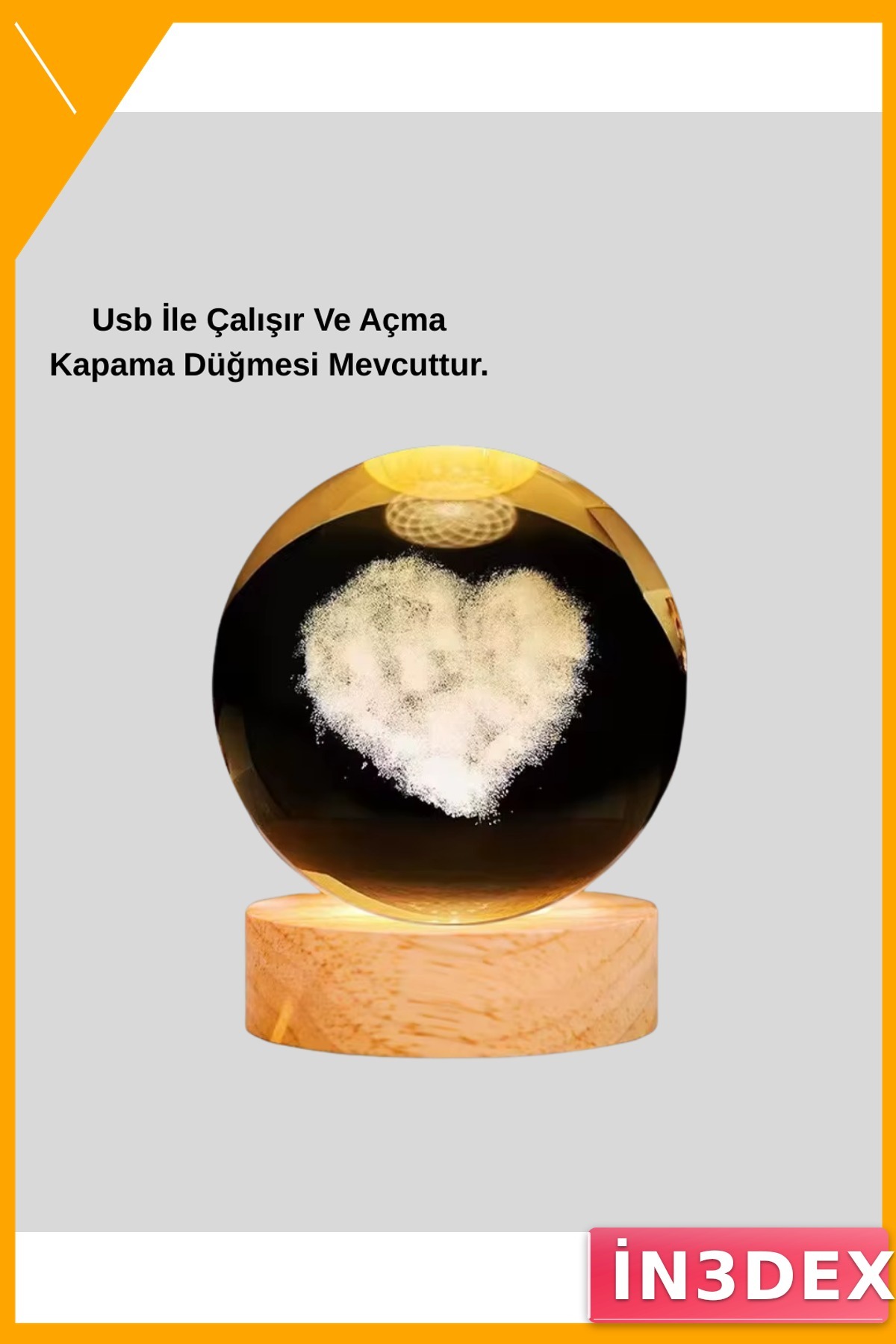 Işıklı Kalpli Kristal Cam Küre Dekoratif Obje USB Şarjlı