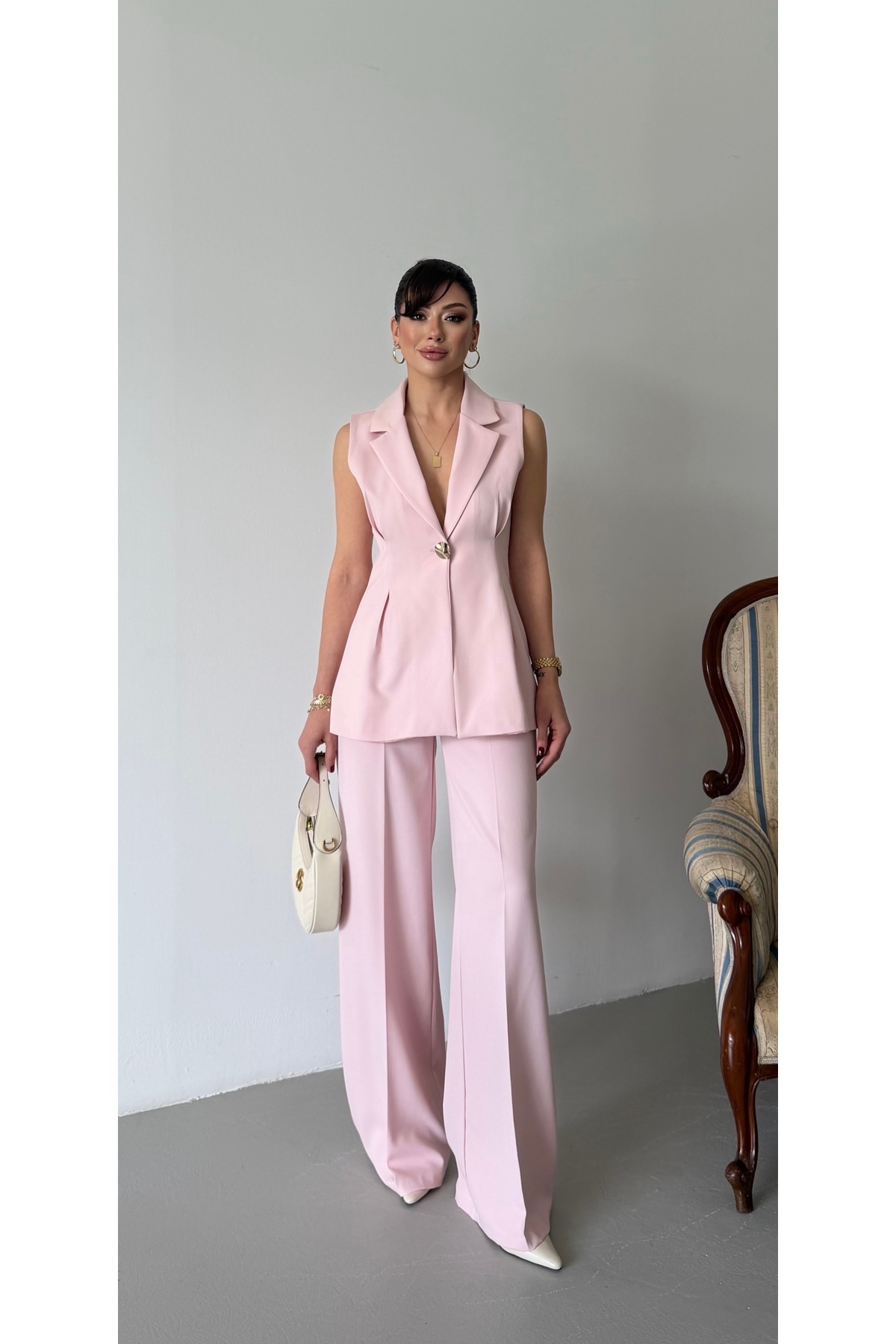 HOEK Women's Majeste Pink Blazer Vest Wide Leg Pants Suit
