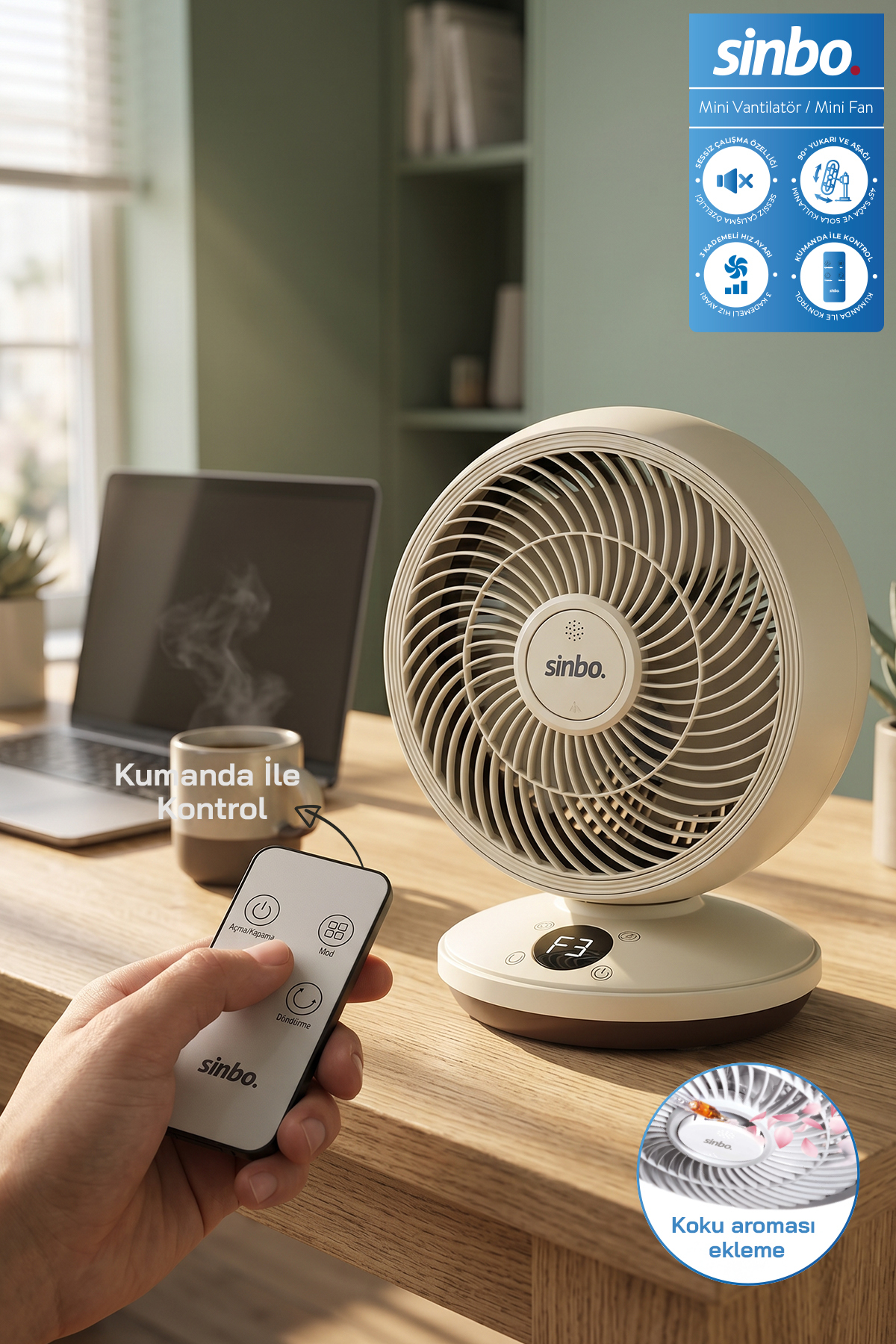 SF-7702 Silent Mini Ventilator with Remote Control Automatic Oscillation with Aroma Therapy Scent Slot