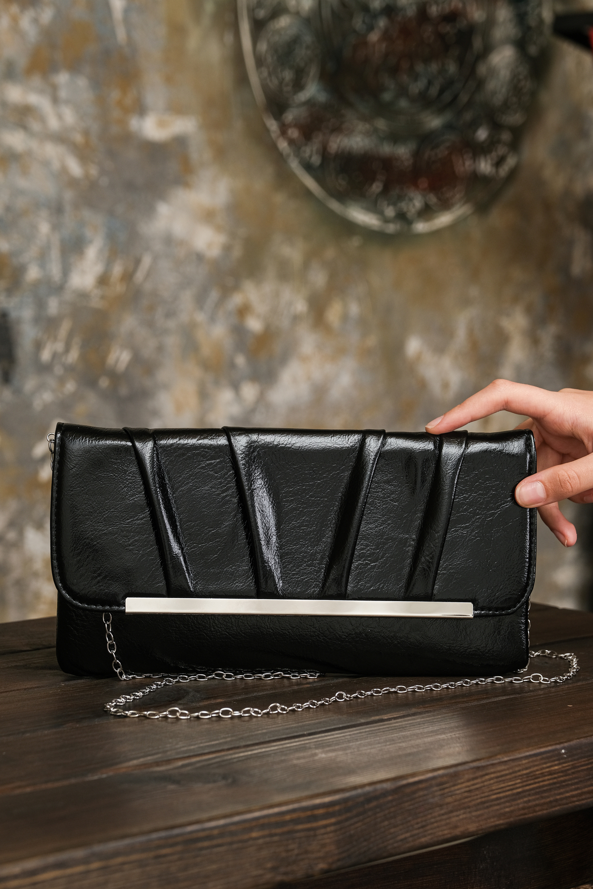 ROZA CANTA Siyah Kadın Plise Detaylı Abiye Dügün Davet Clutch Çanta görsel 6