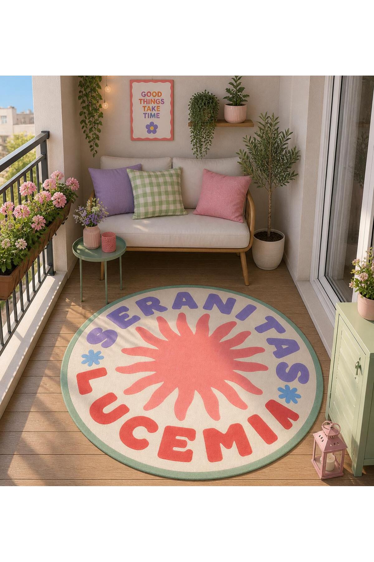 "Aura" Series - Seranitas Lucemia Written Sun Shaped Round Pastel Woven Base Decorative Carpet aura25