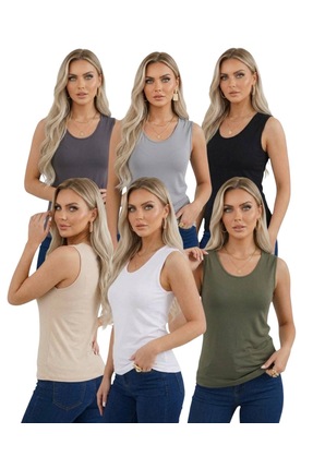 hashtag Kadın Kolsuz Basic Düz Body 6'lı Esnek Günlük Şık U Yaka Prenses Yaka