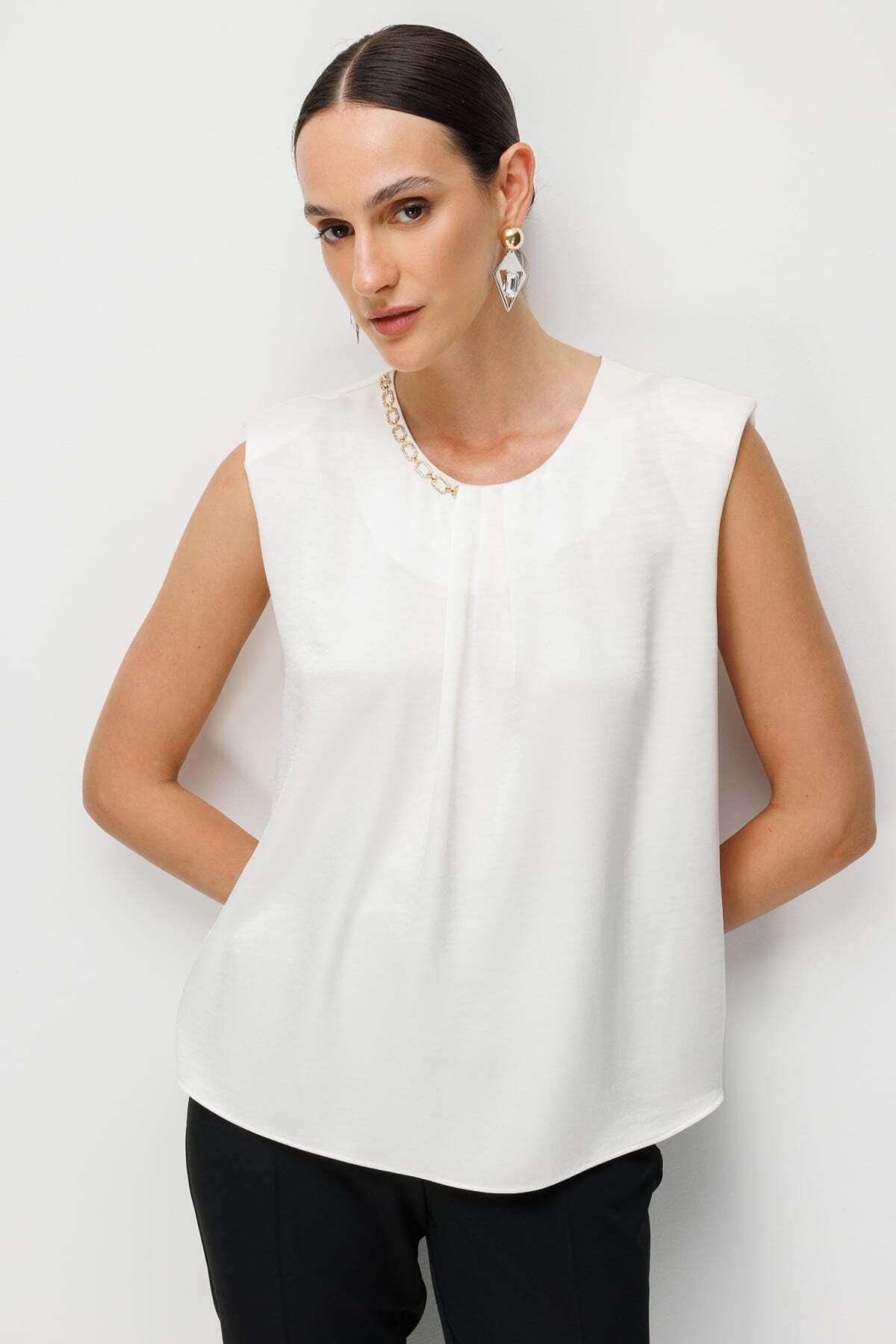 Drape Detailed Blouse with Chain Accessory