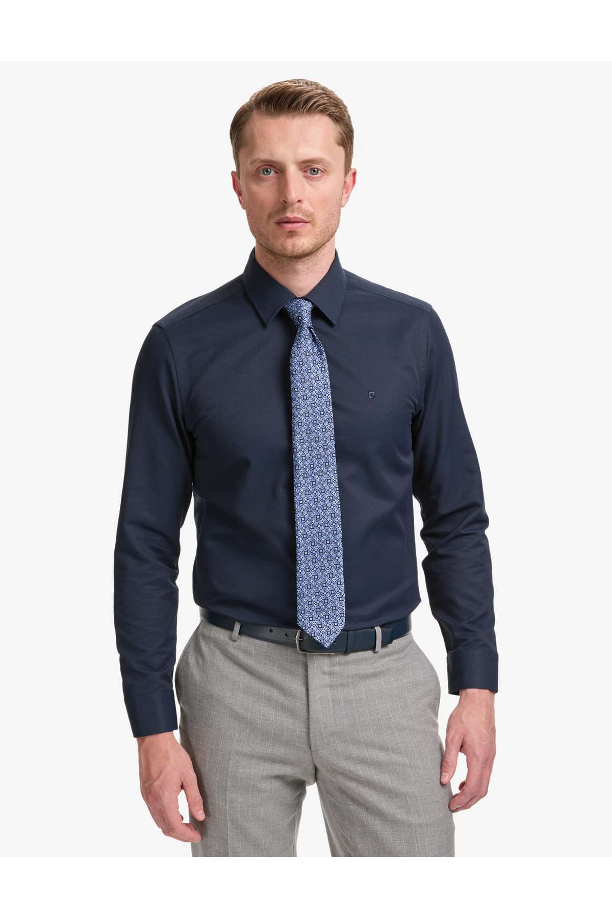Pierre Cardin Navy Blue Slim Fit Dobby Long Sleeve Shirt 50325354-Vr033