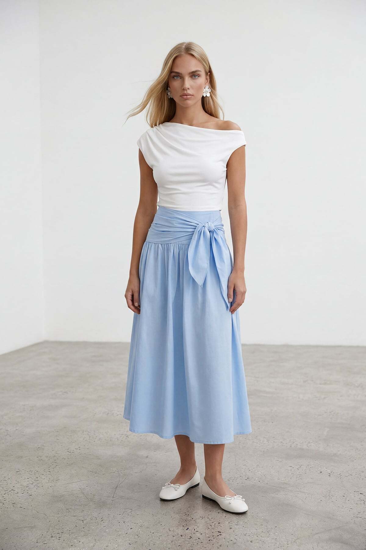 Blue Waist Tied Zipper Lined Midi Poplin Skirt Alc-X15519
