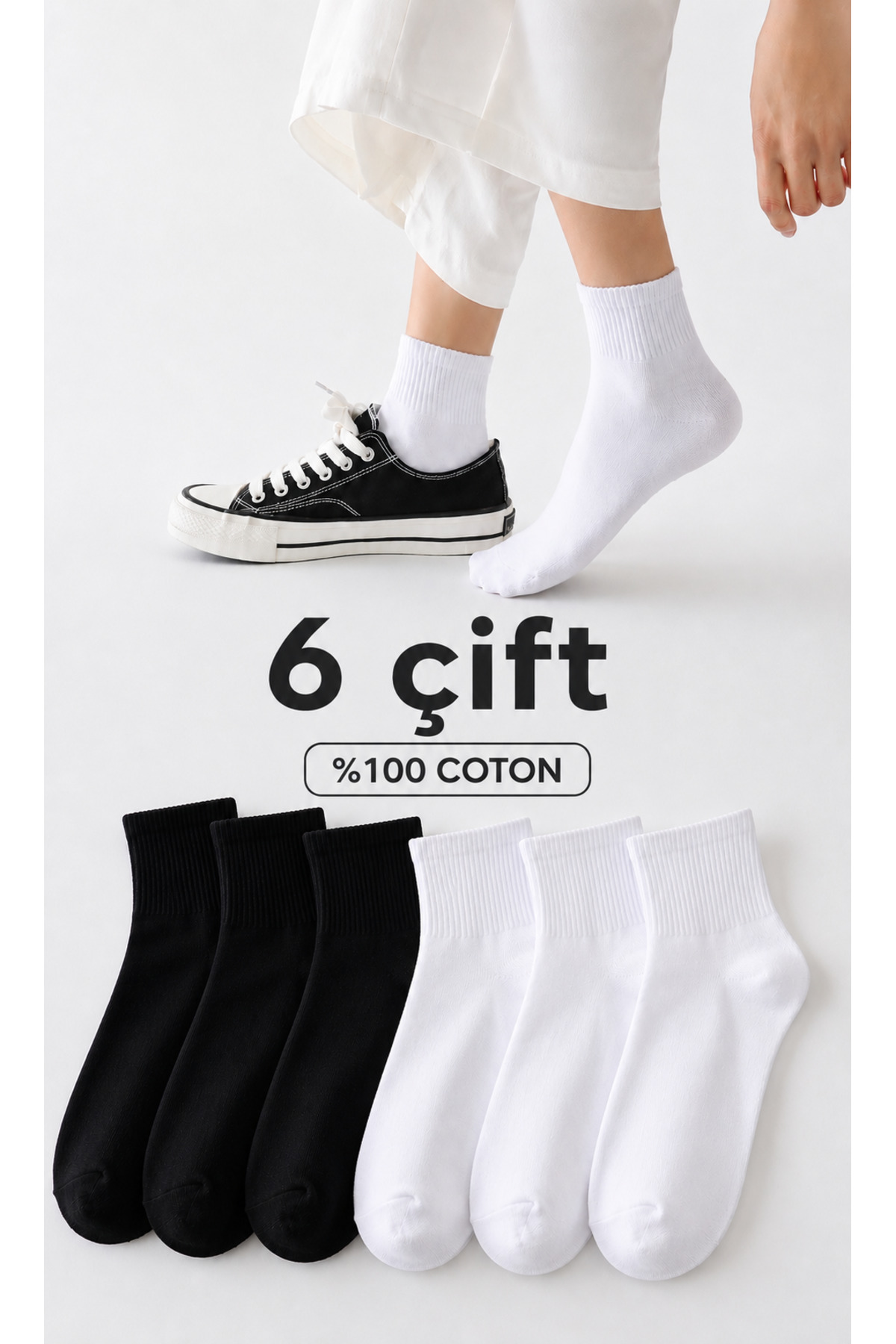 Bilal Çınar Tekstil 100% Pamuk Unisex Yarım Konç Çorap 6 Çift Yazlık Siyah ve Beyaz Çorap