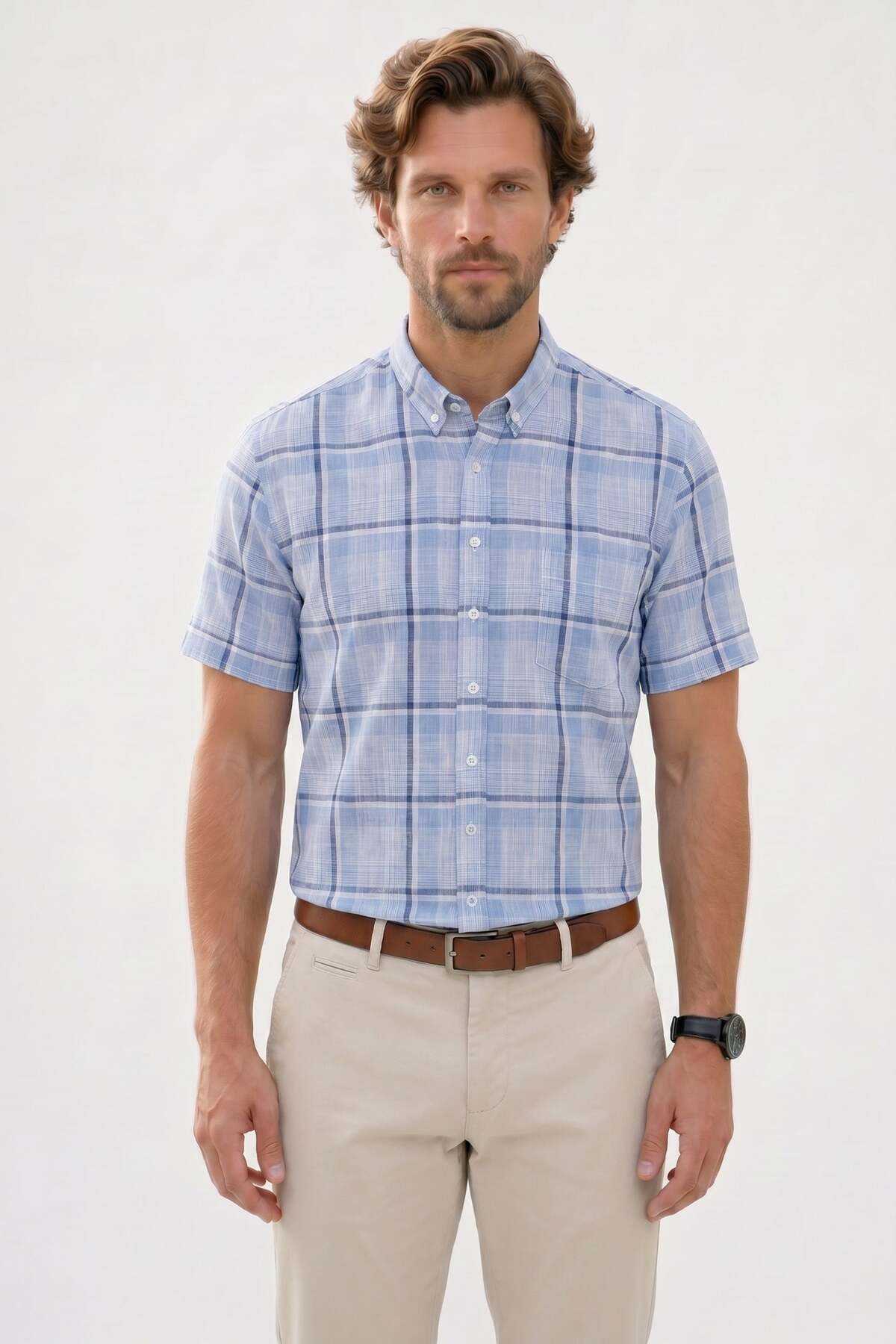 Men's Regular Fit Classic Cut 100% Cotton Short Sleeve Checkered Linen Effect Blue Shirt with Pockets