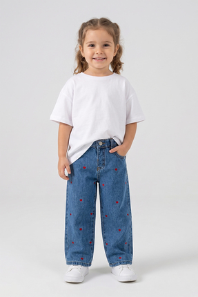 Dmb Kız Çocuk Kalp Nakışlı Denim Kot Pantolon