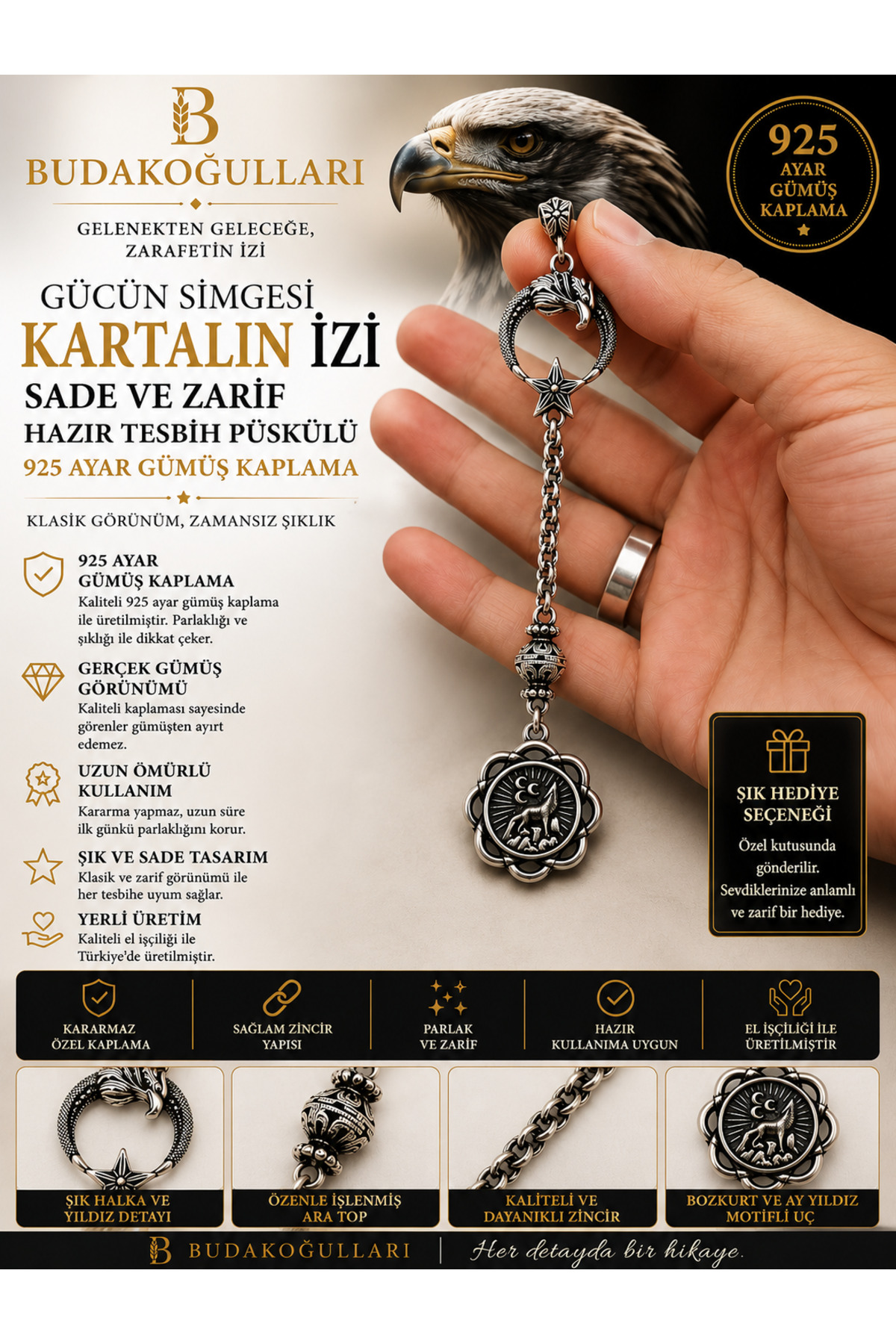 Eagle Claw 925 Carat Silver Plated Ready Rosary Tassel with Ayyıldız & Bozkurt Motif