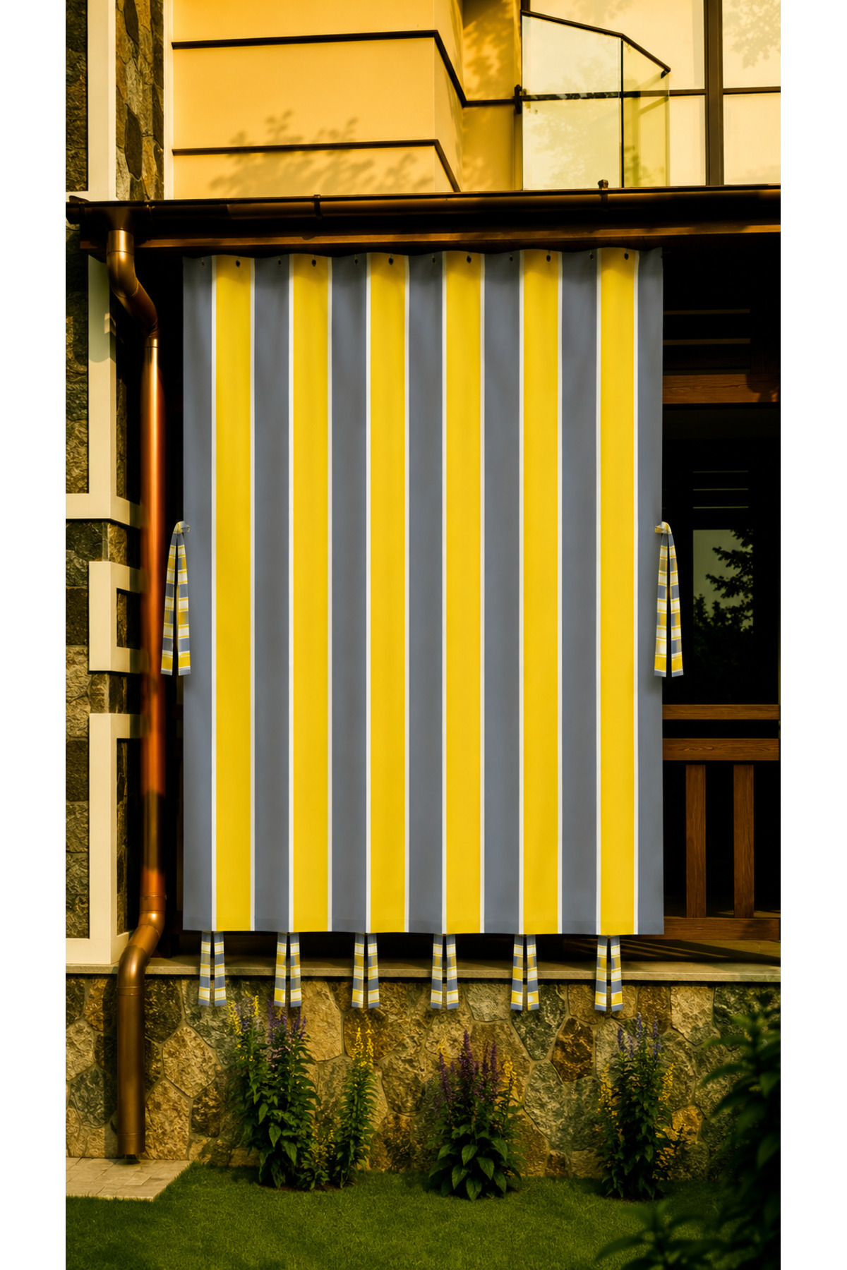 Waterproof Cornice Balcony Curtain with Decorative Stripe Model Yellow Gray