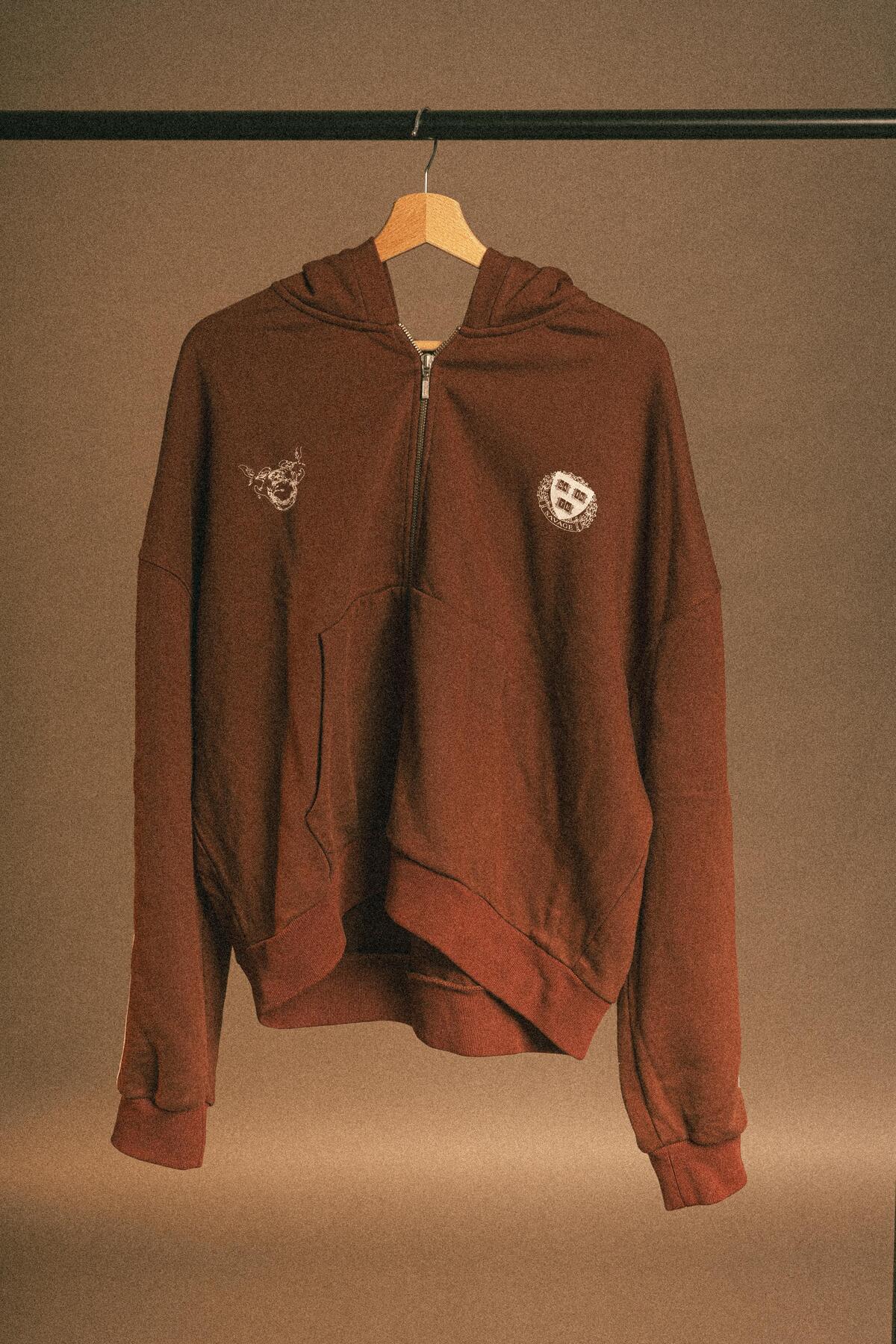 Unisex Baskılı Pamuklu Boxy Fit Hırka Fermuarlı Sweatshirt Track Hoodie — قهوه‌ای svg-062-25 — تصویر 3 از 3