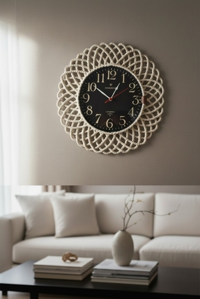home inn Bohem Hasır Çerçeveli Duvar Saati – Modern Görünümlü Dekoratif Salon...
