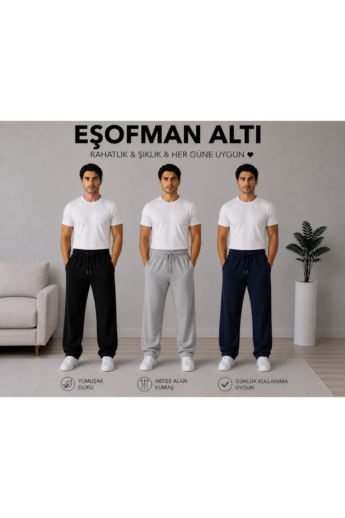 ADR MODA 3-Piece Wide Leg Sweatpants Black Gray Navy Blue Daily Use