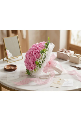 Acarflowers PEMBE GÜLLÜ CİPSOLU TÜLLÜ GELİN BUKETİ